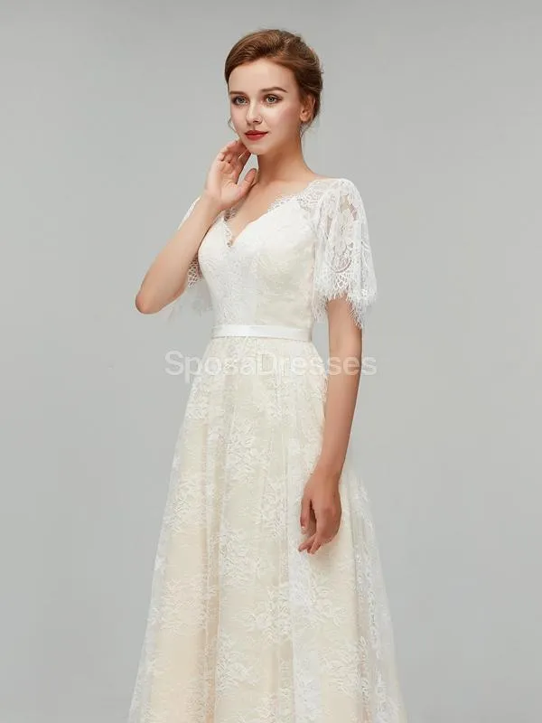 Champagne Short Sleeves Lace A-line Cheap Wedding Dresses Online, Cheap Bridal Dresses, WD561