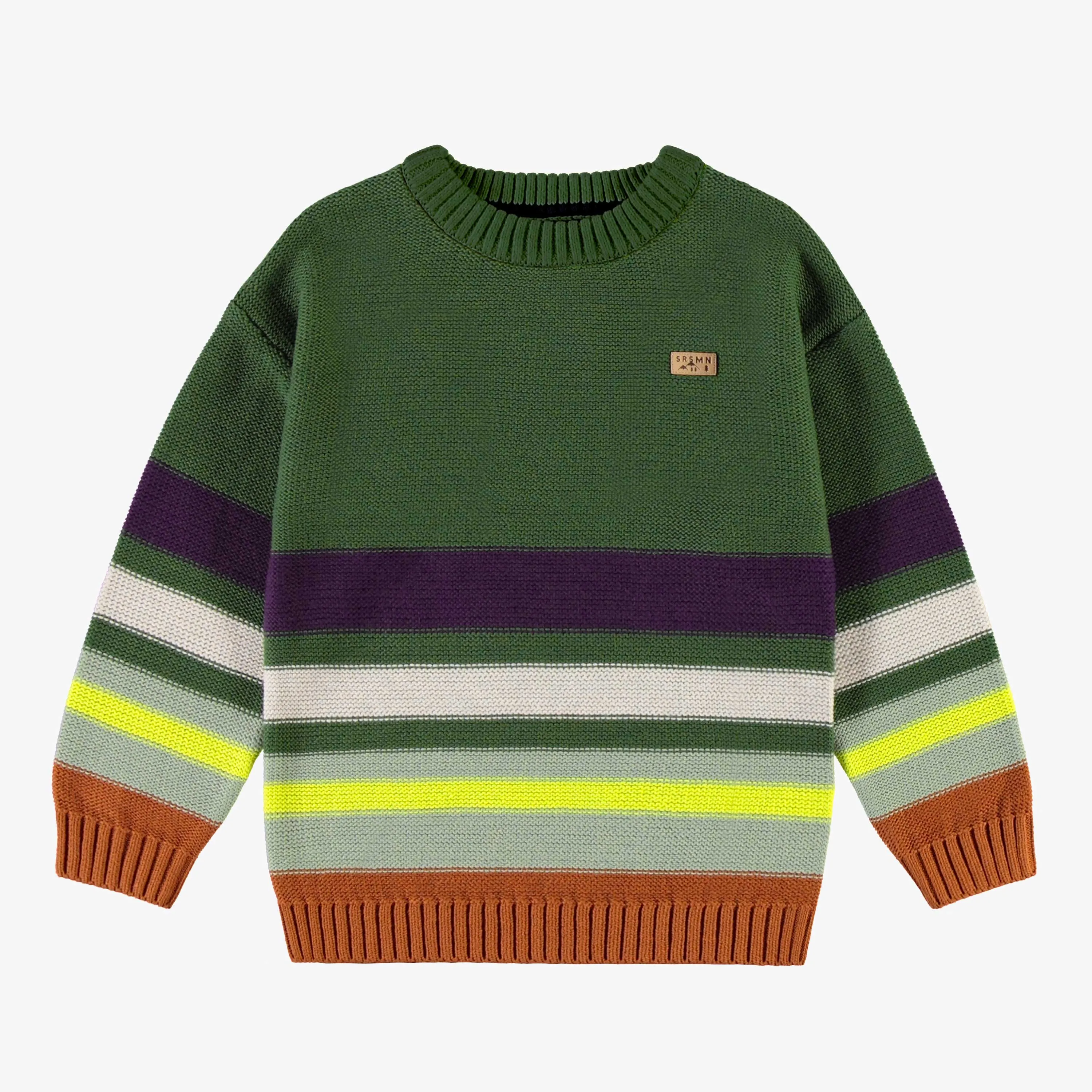 Chandail de maille vert à rayures, enfant || Green knit sweater with duck jacquard pattern, child