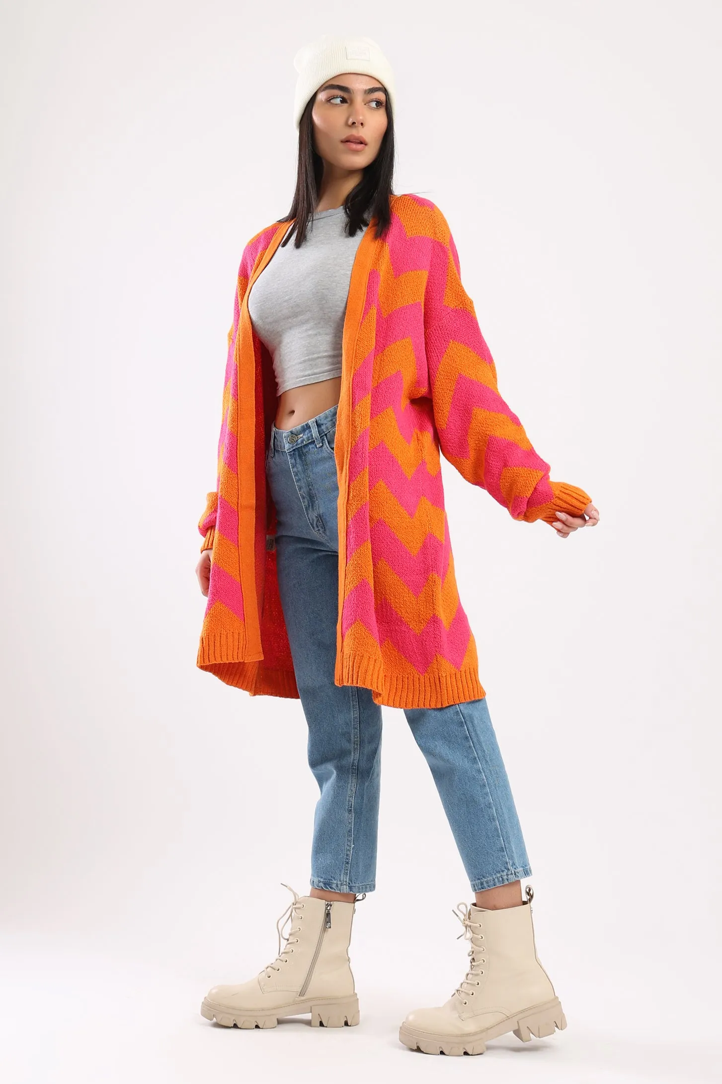 CHEVRON KNIT CARDIGAN - ORANGE