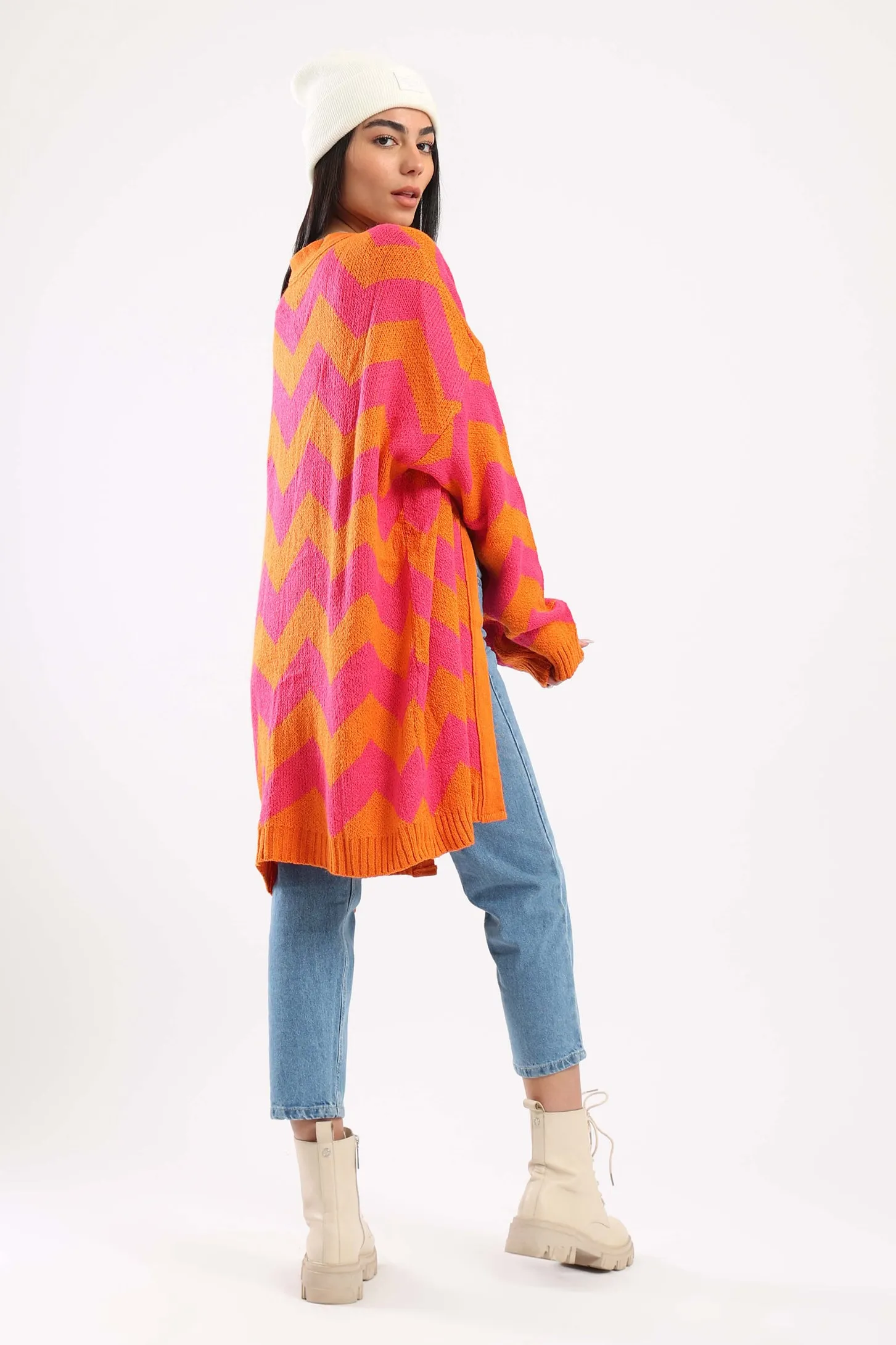 CHEVRON KNIT CARDIGAN - ORANGE