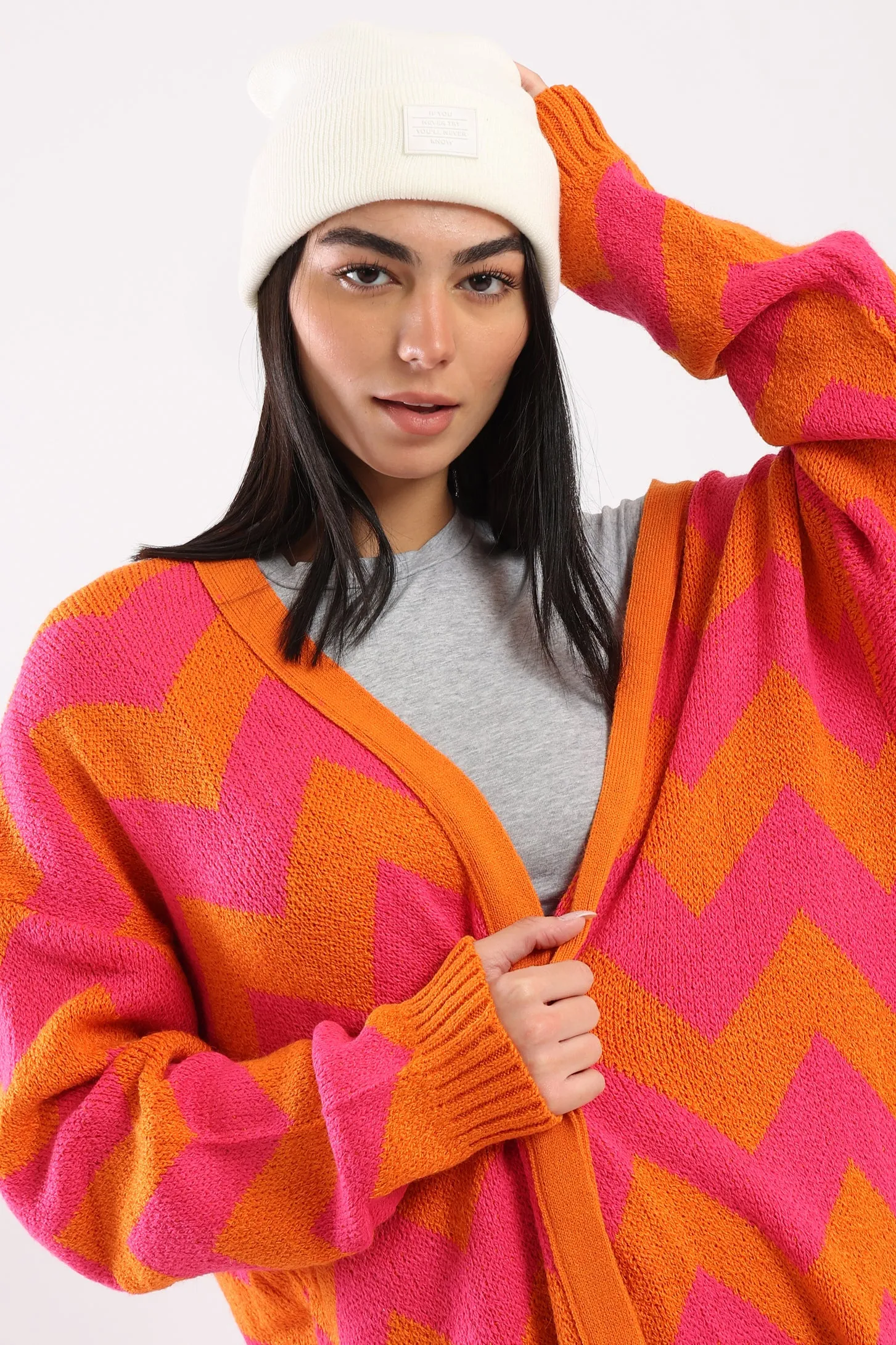 CHEVRON KNIT CARDIGAN - ORANGE