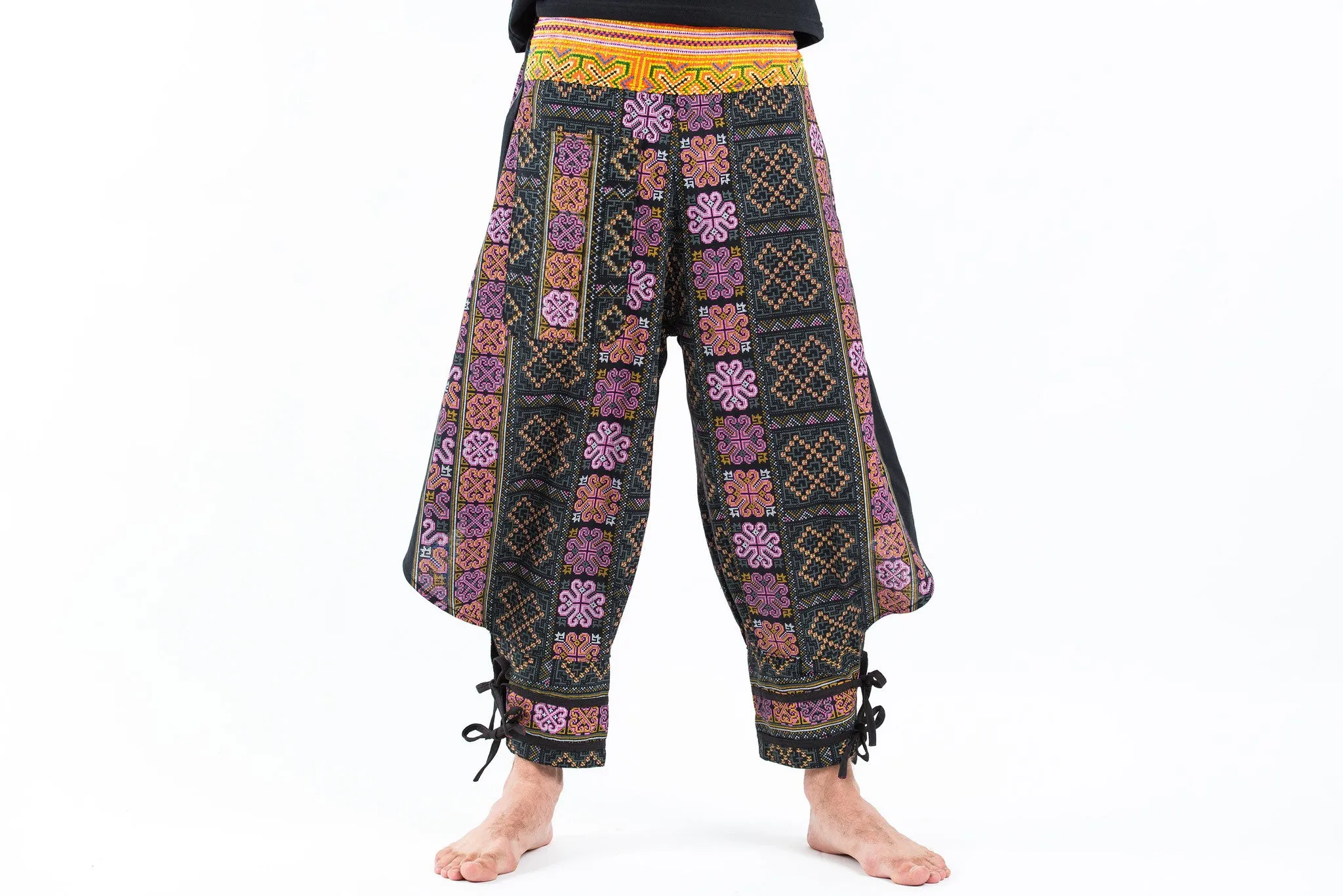 Clovers Thai Hill Tribe Fabric Men's Harem Pants with Ankle Straps in Black Pink