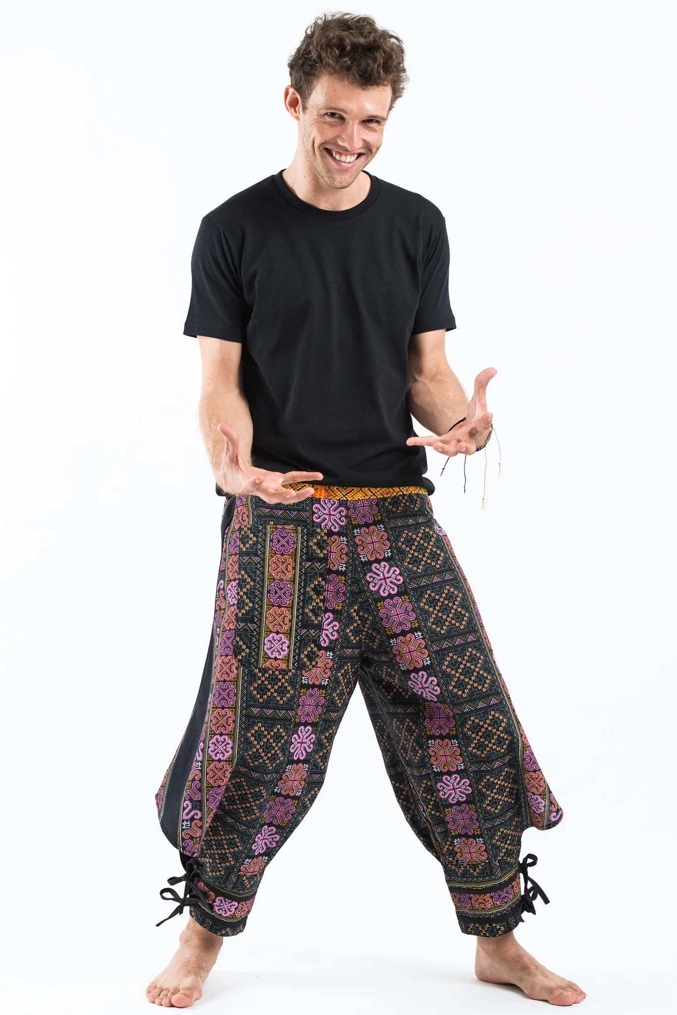 Clovers Thai Hill Tribe Fabric Men's Harem Pants with Ankle Straps in Black Pink