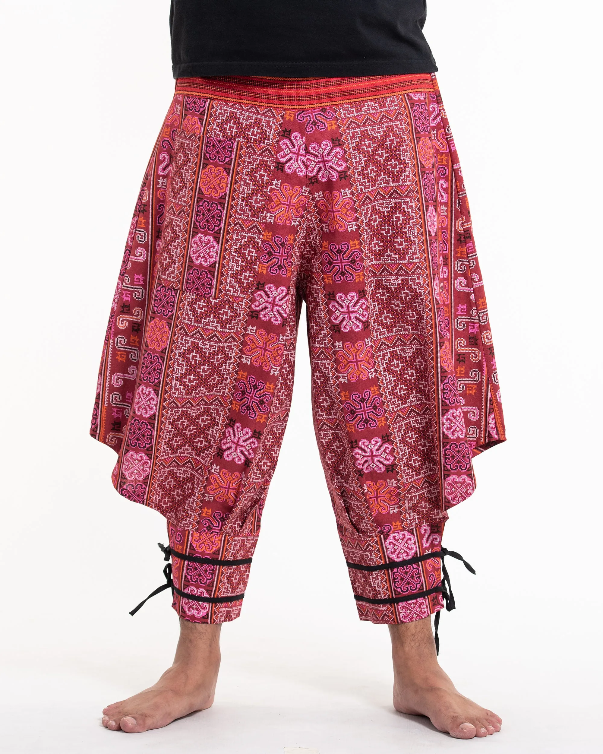 Clovers Thai Hill Tribe Fabric Men's Harem Pants with Ankle Straps in Pink Red