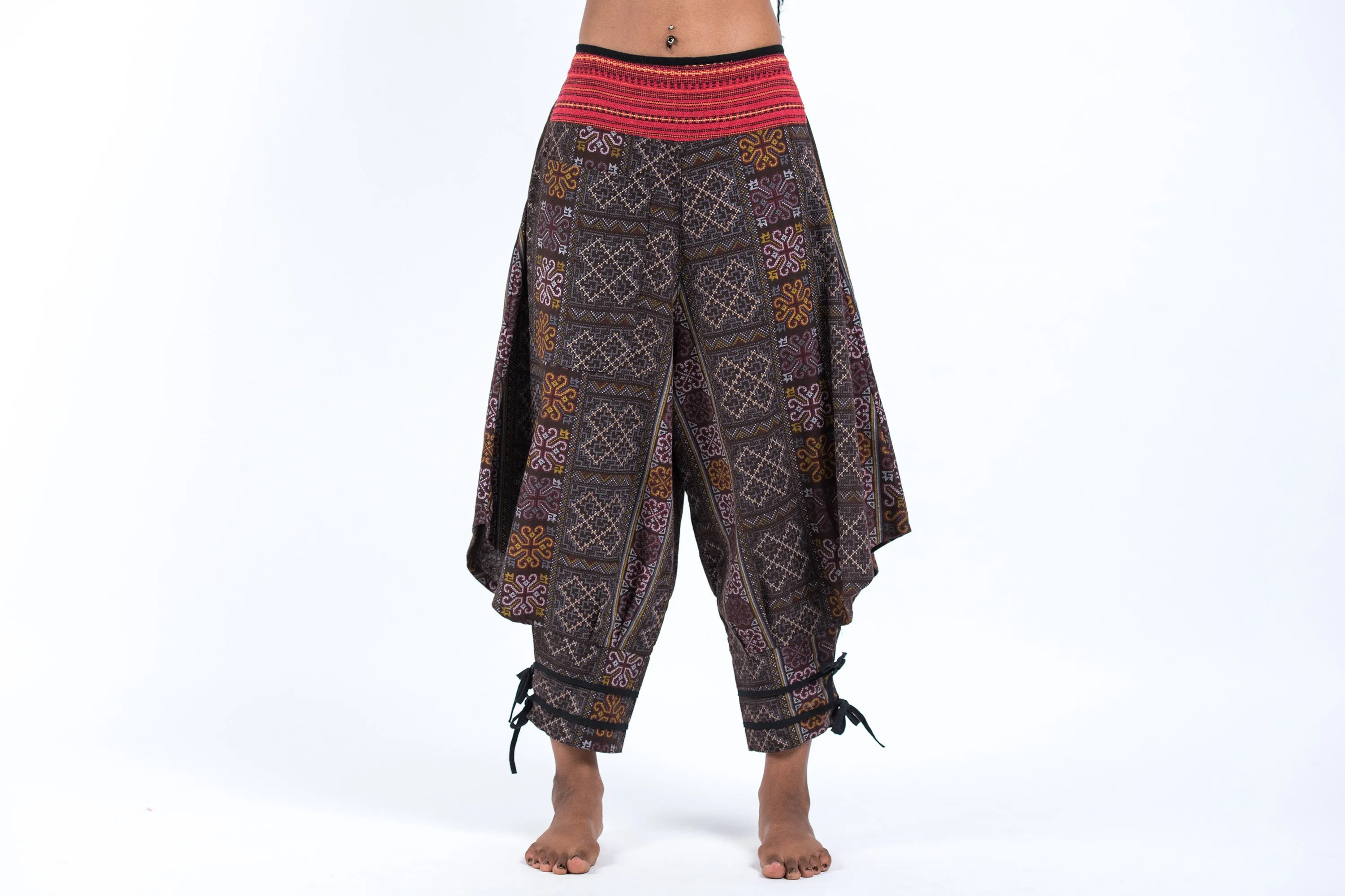 Clovers Thai Hill Tribe Fabric Women's Harem Pants with Ankle Straps in Brown