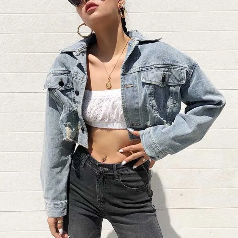 Cool Oversized Cropped Denim Jacket Womens