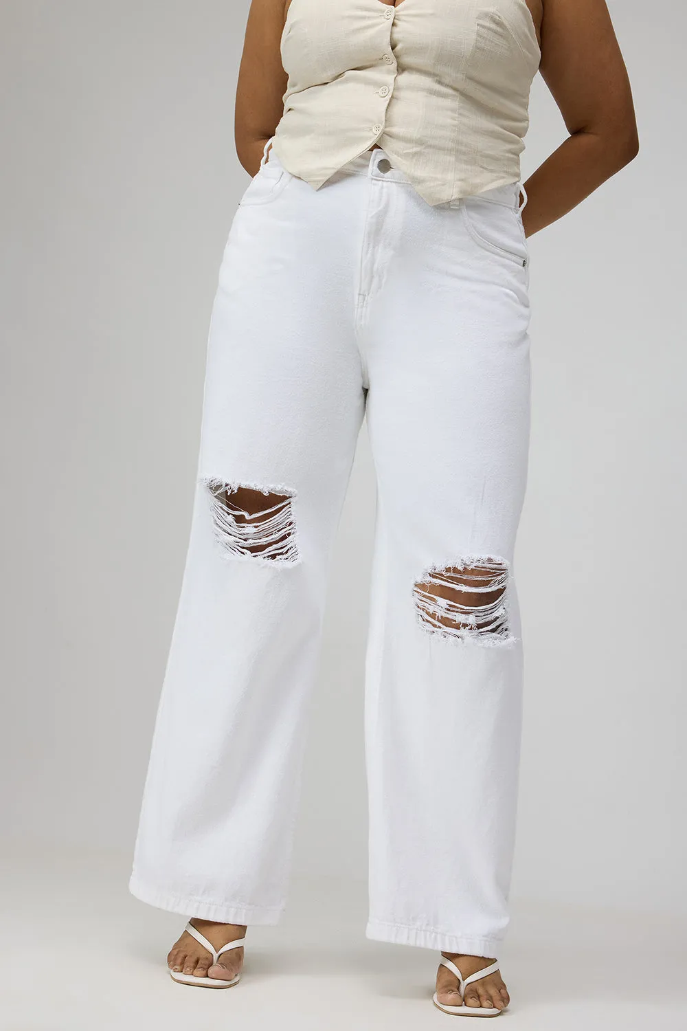 Curve Glacial White Ripped Wide-Leg Jeans