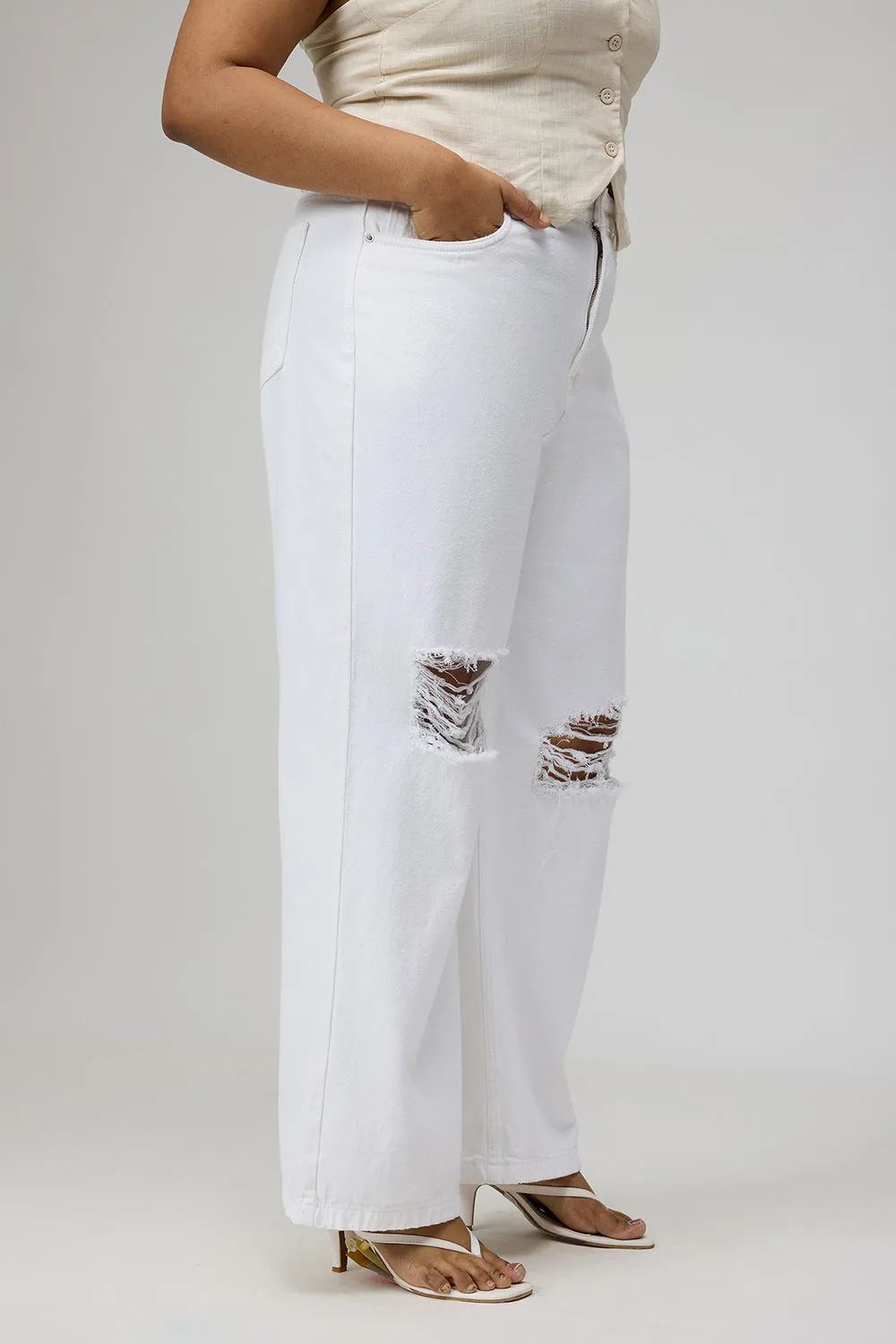 Curve Glacial White Ripped Wide-Leg Jeans