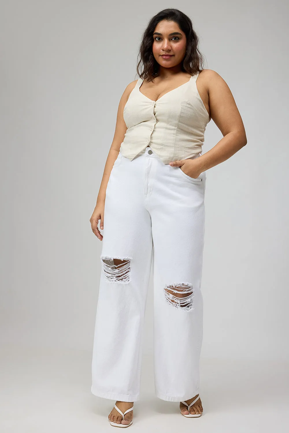 Curve Glacial White Ripped Wide-Leg Jeans