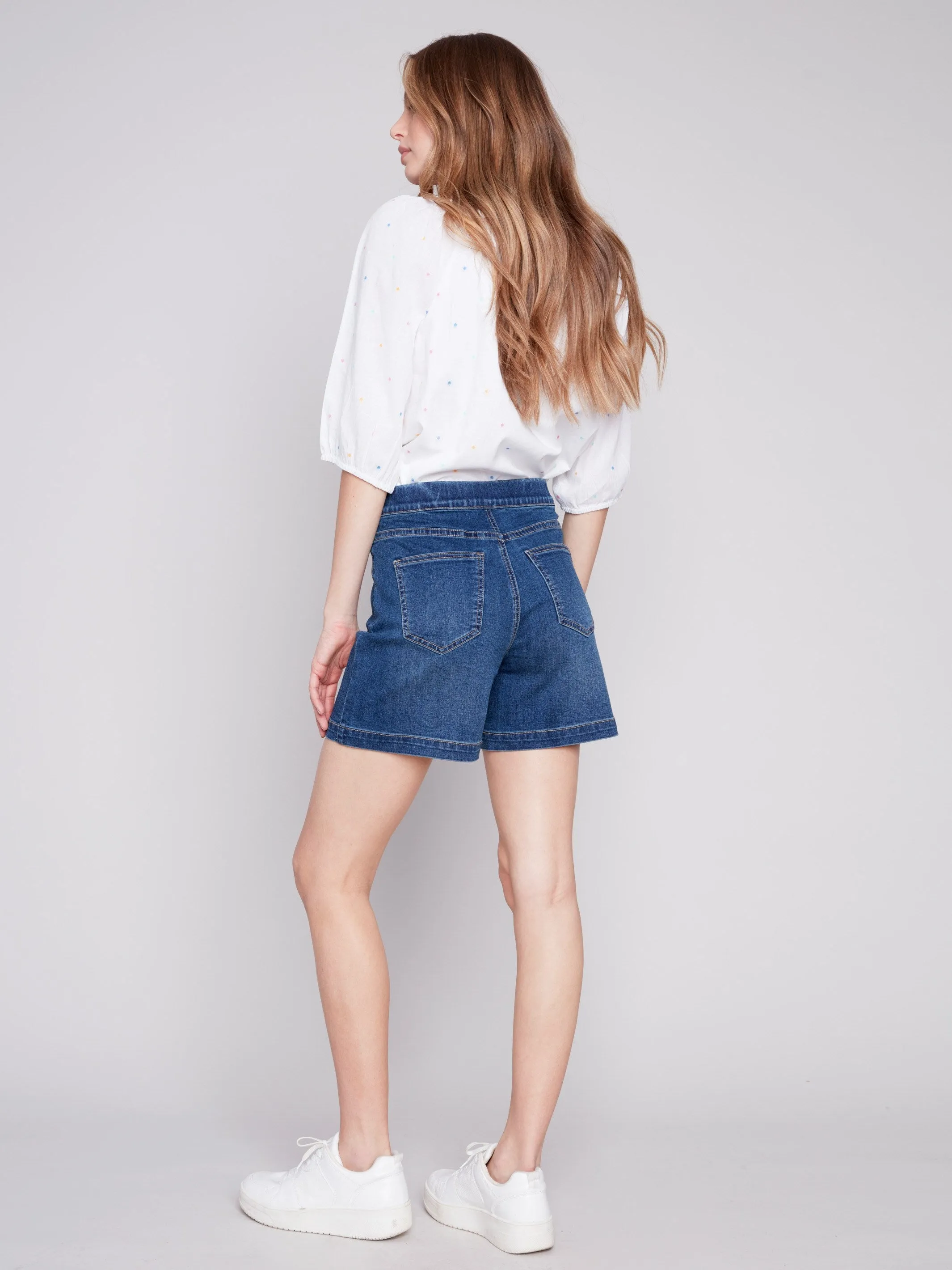 Denim Shorts with Decorative Buttons - Indigo