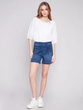 Denim Shorts with Decorative Buttons - Indigo