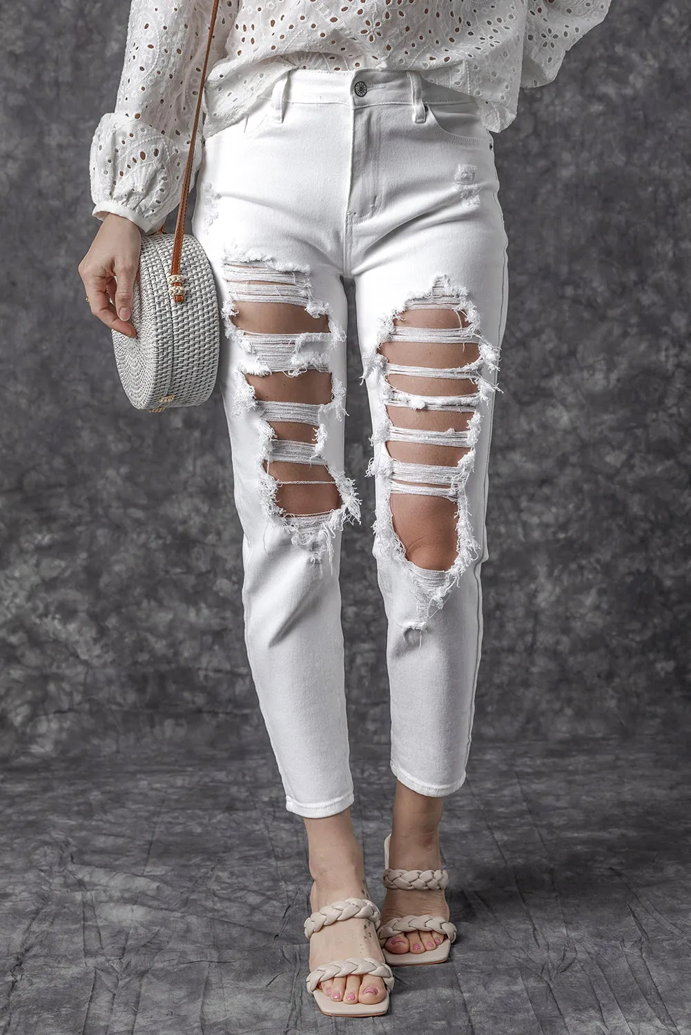 Distressed Ripped Holes High Waist Jeans