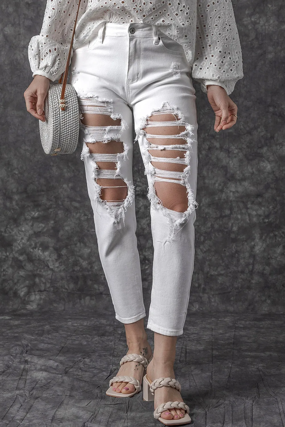 Distressed Ripped Holes High Waist Jeans