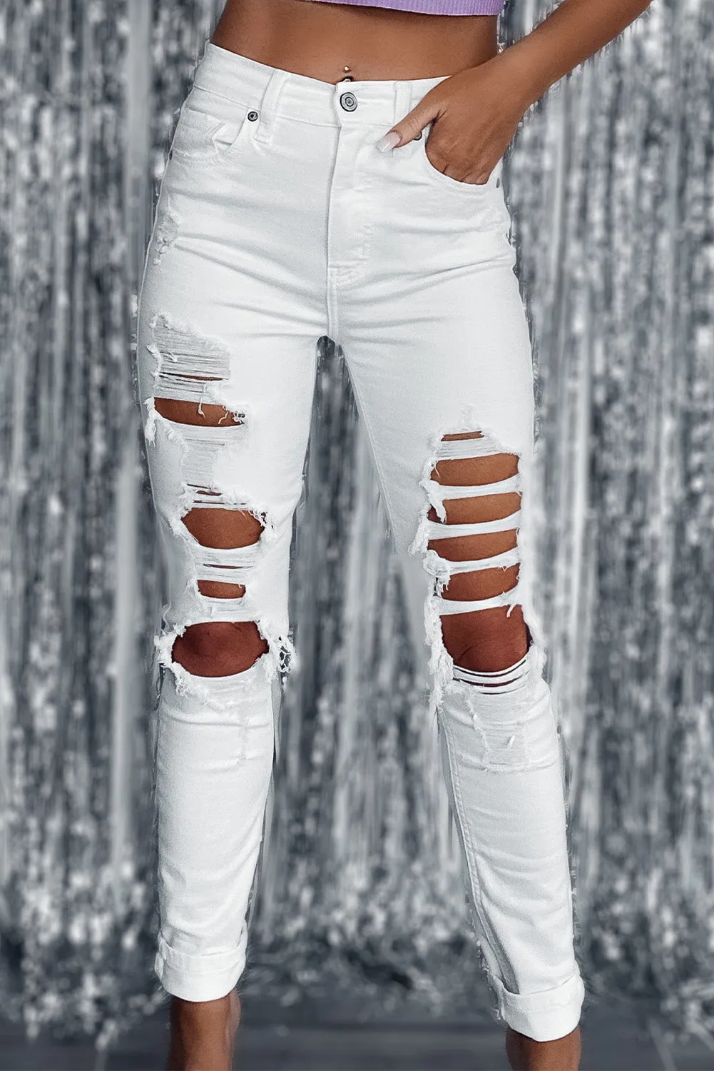 Distressed Ripped Holes High Waist Jeans