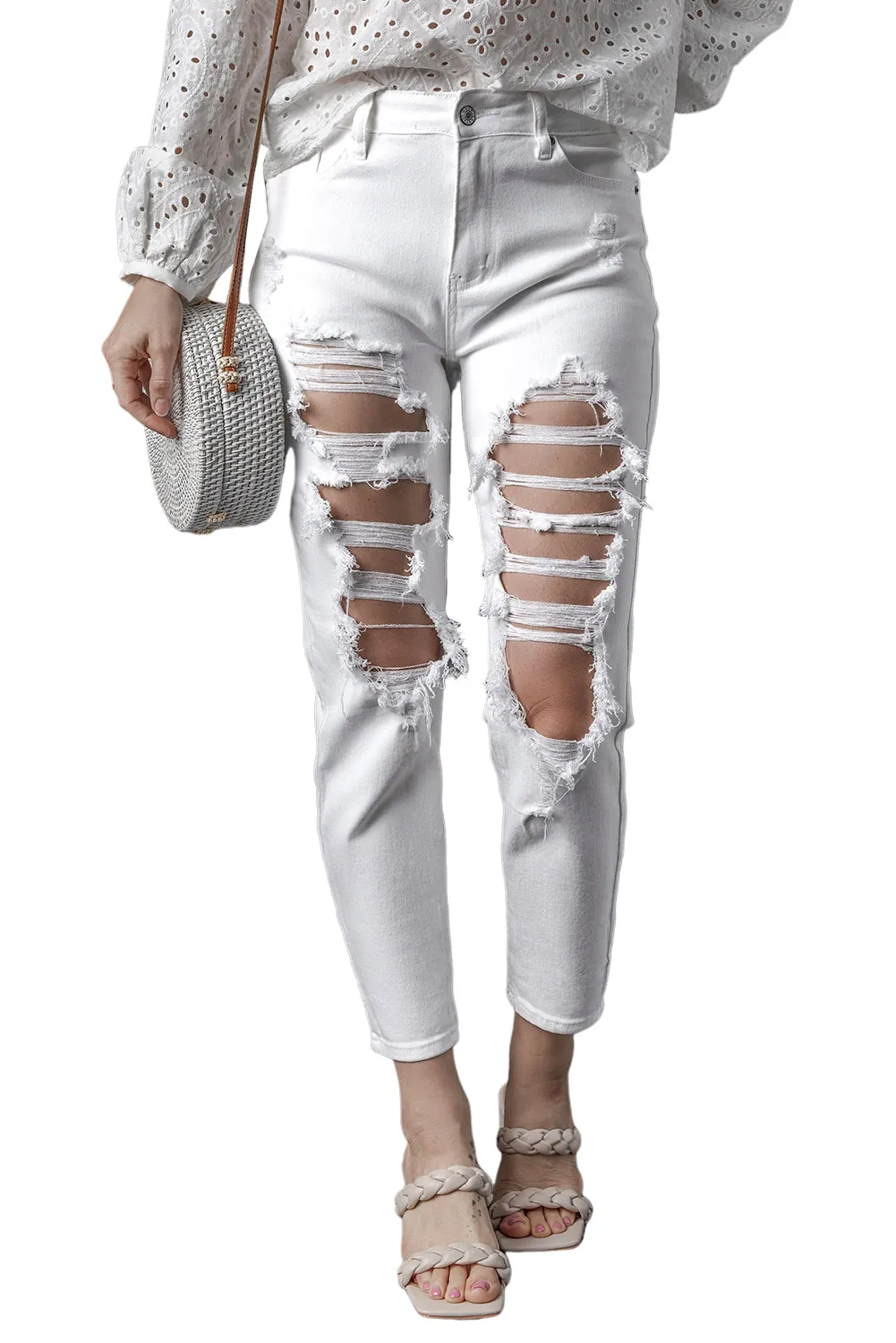 Distressed Ripped Holes High Waist Jeans