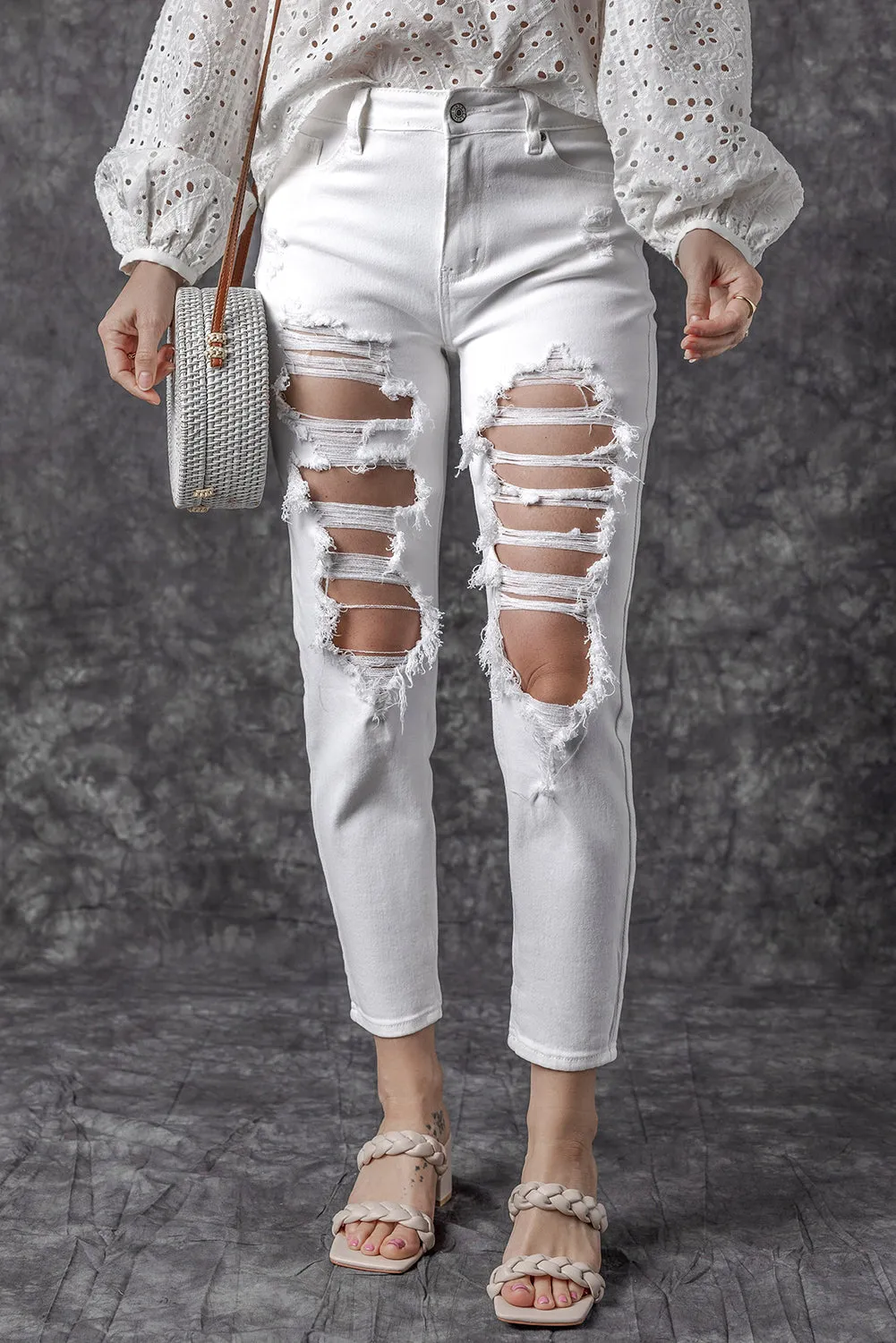 Distressed Ripped Holes High Waist Jeans