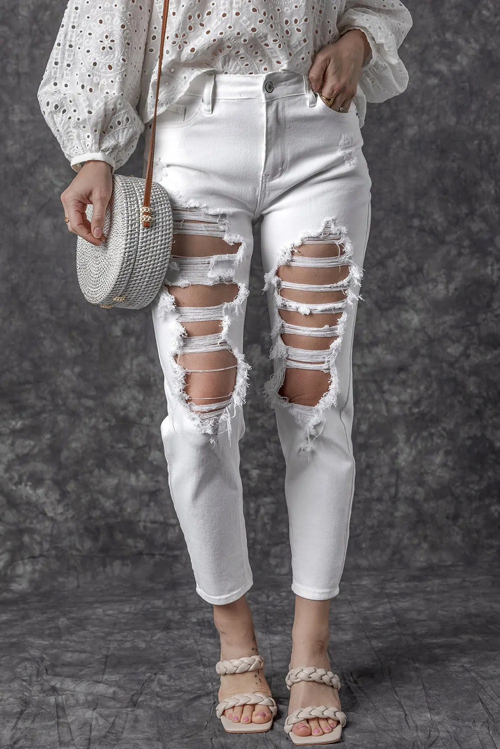 Distressed Ripped Holes High Waist Jeans