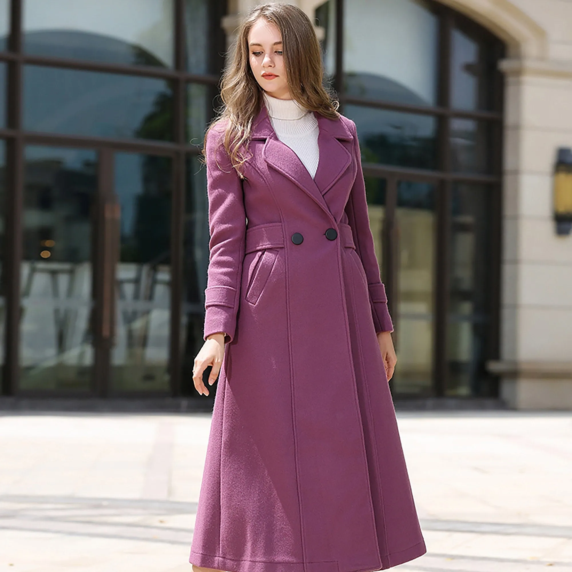 Double Breasted Fit & Flare Wool Blend Coat