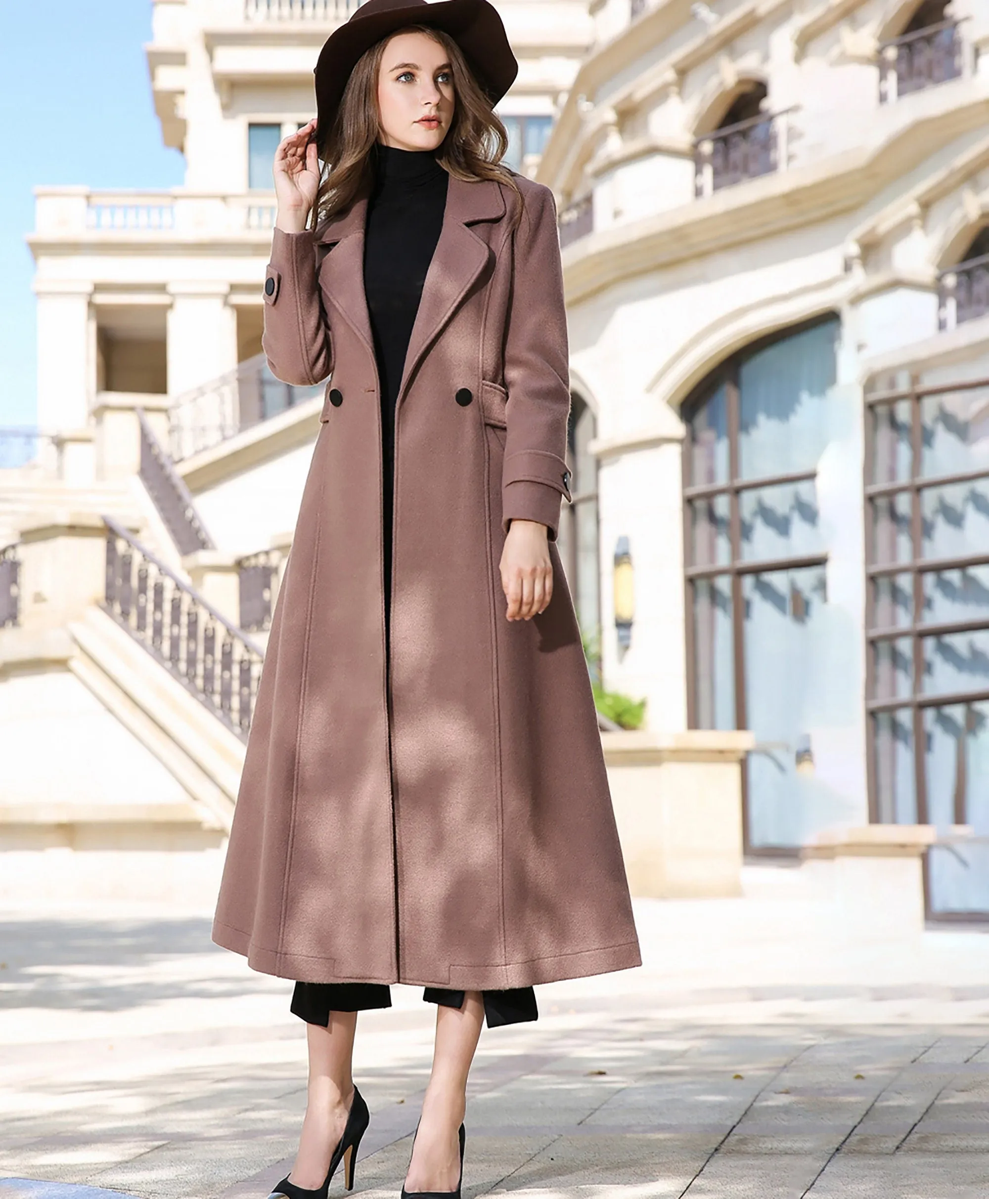 Double Breasted Fit & Flare Wool Blend Coat