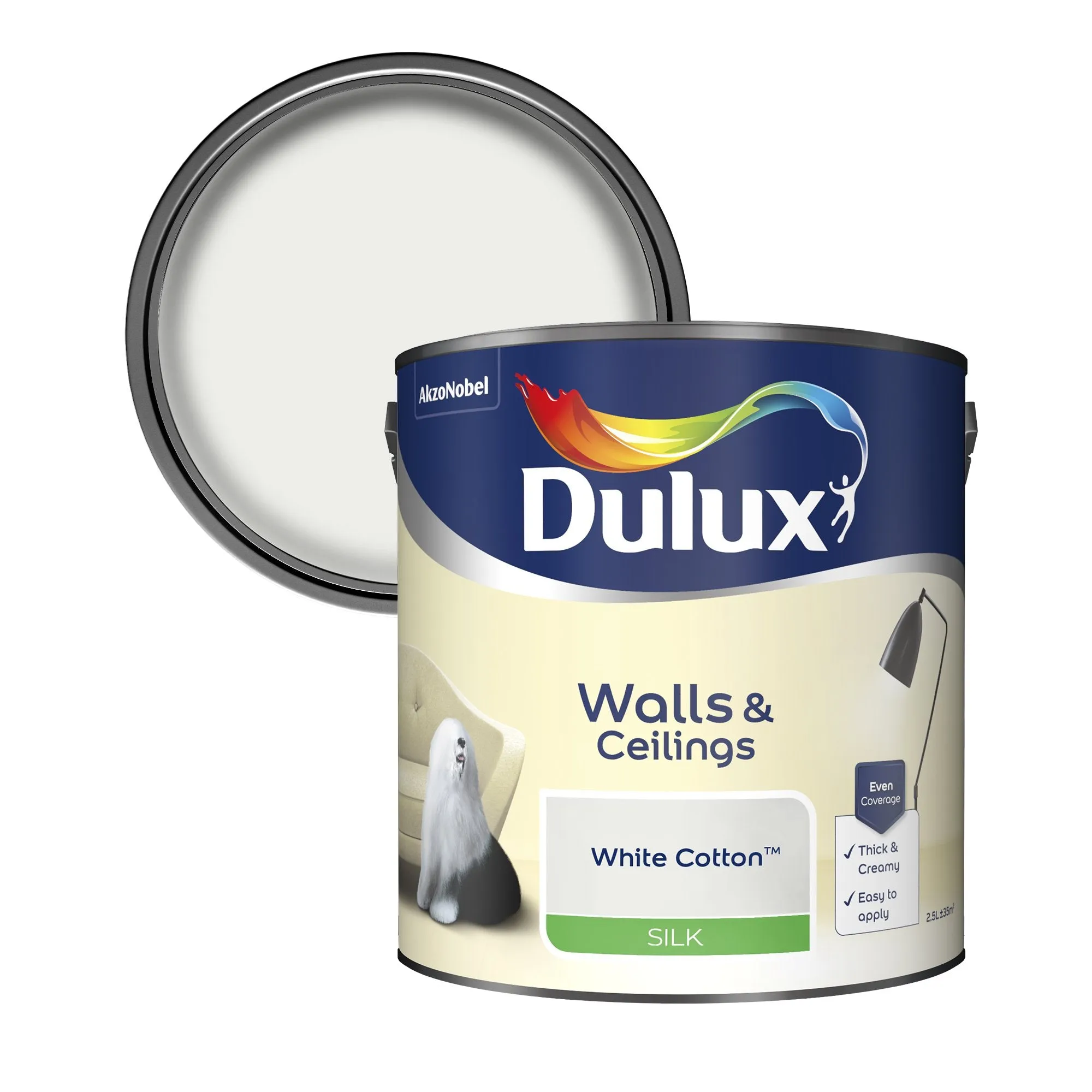 Dulux Silk Emulsion Paint For Walls And Ceilings - White Cotton 2.5L