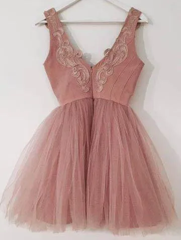 Dusty Pink V Neck Lace Cheap Short Homecoming Dresses Online, CM594