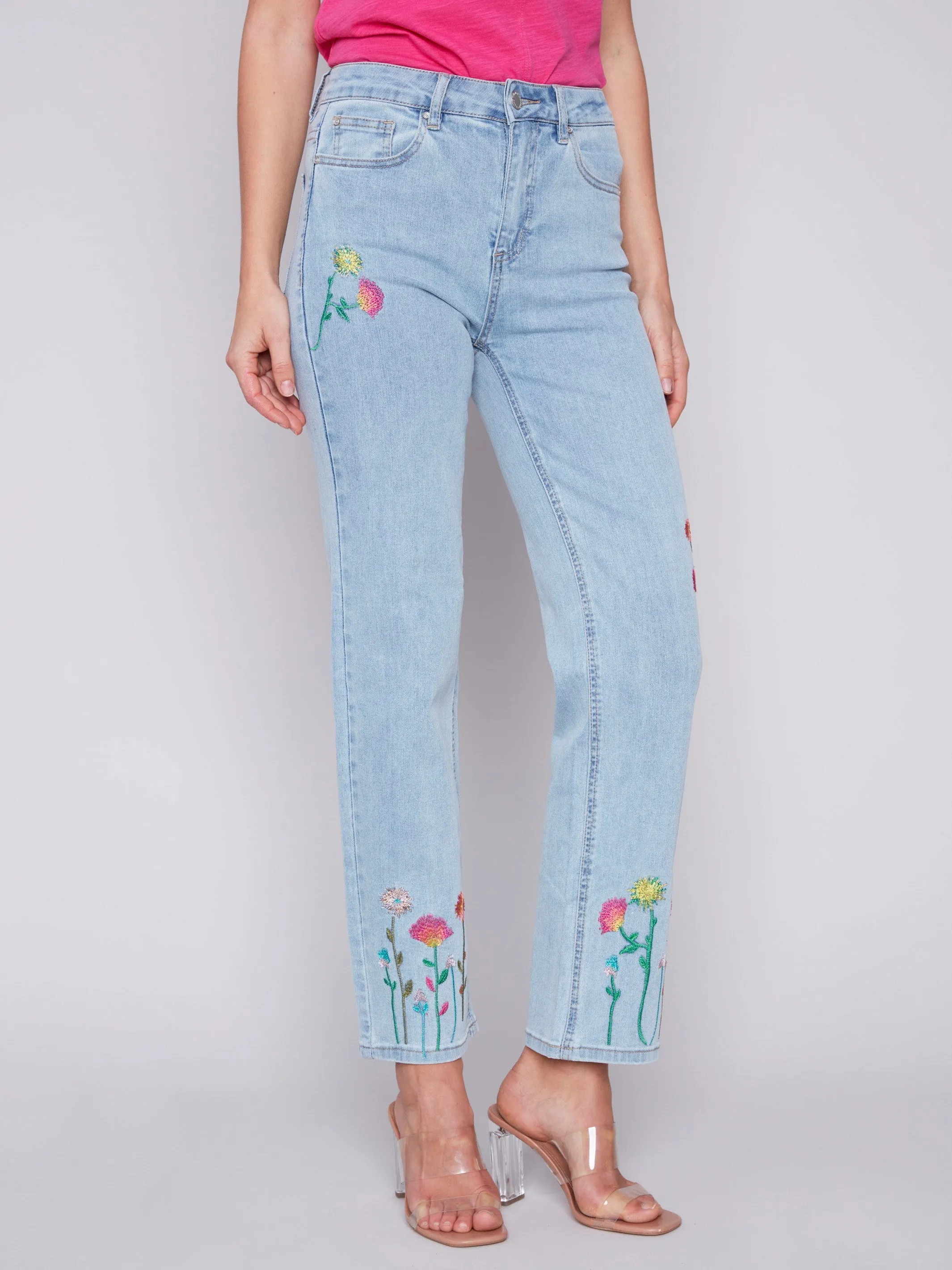 Floral Embroidered Jeans - Bleach Blue