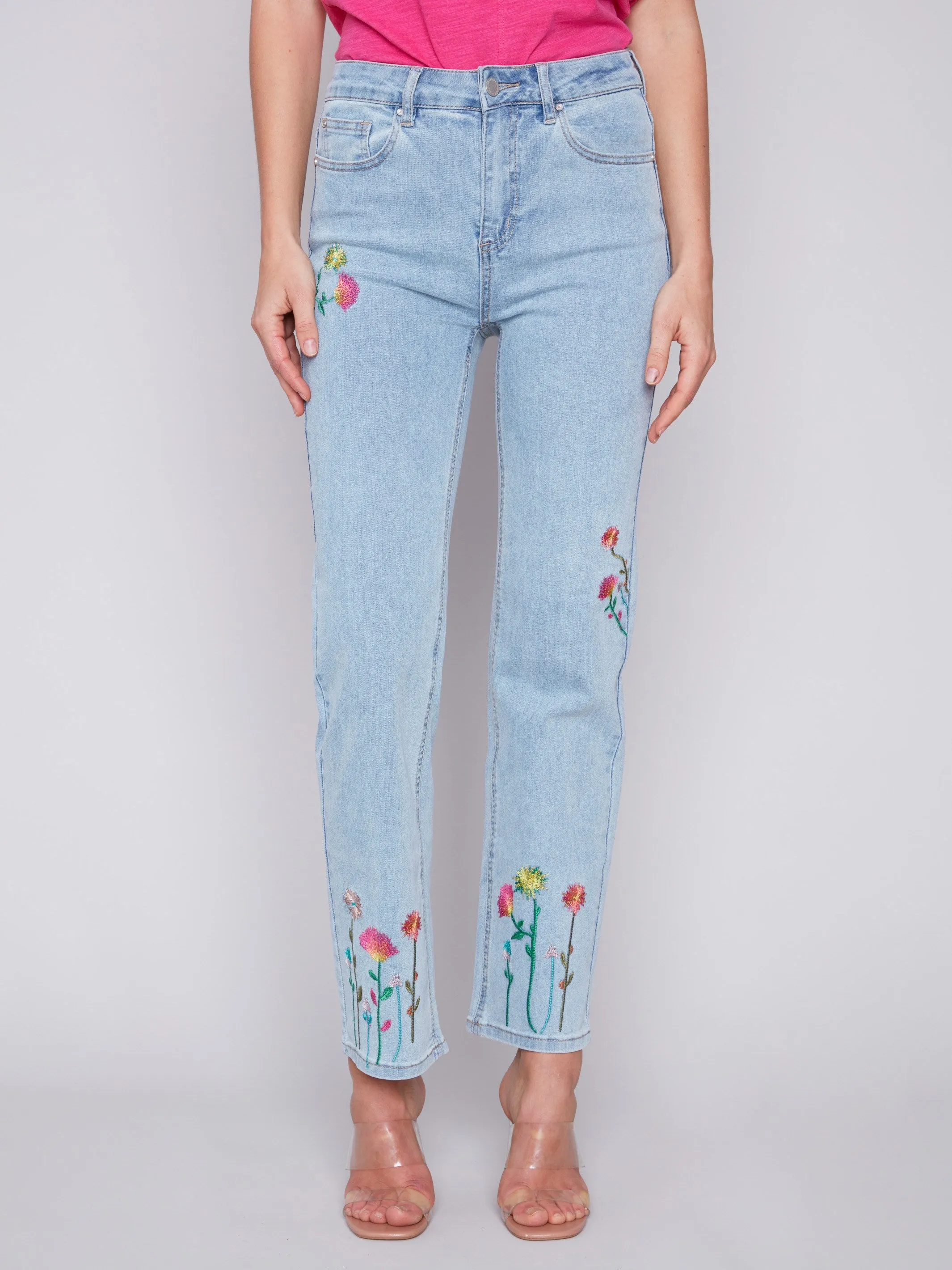 Floral Embroidered Jeans - Bleach Blue