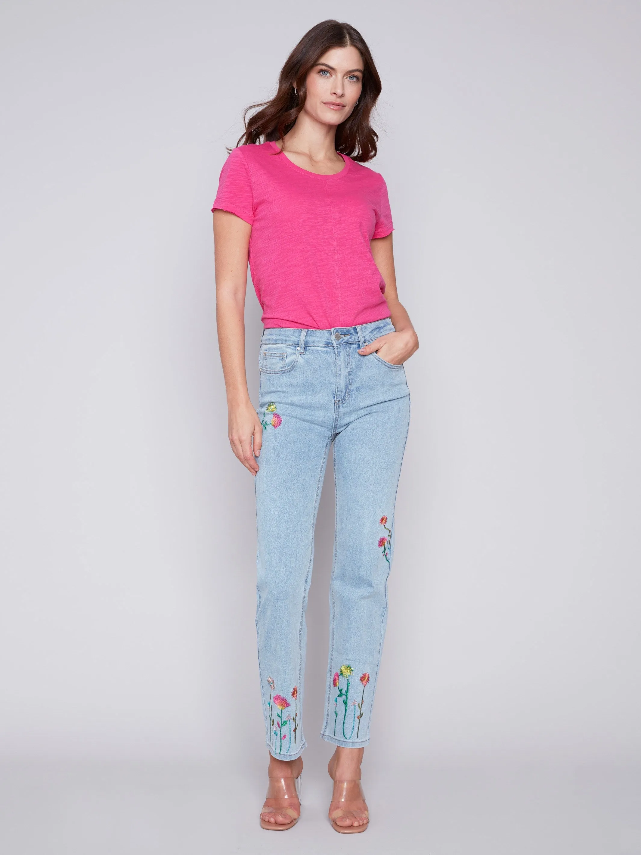 Floral Embroidered Jeans - Bleach Blue