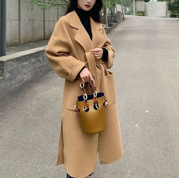 Free Shipping Camel Cashmere long Wool Trench Coat Womens