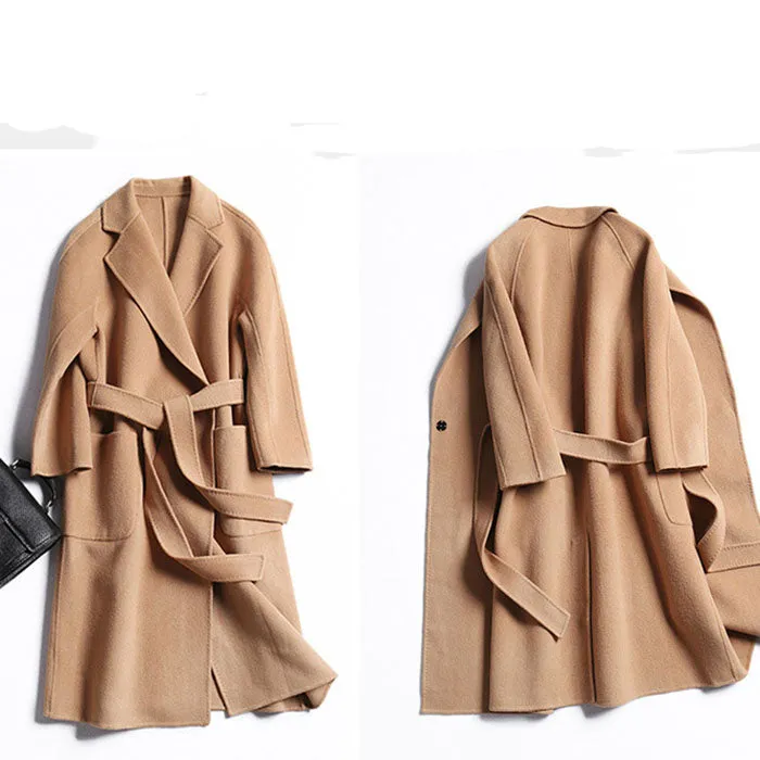 Free Shipping Camel Cashmere long Wool Trench Coat Womens