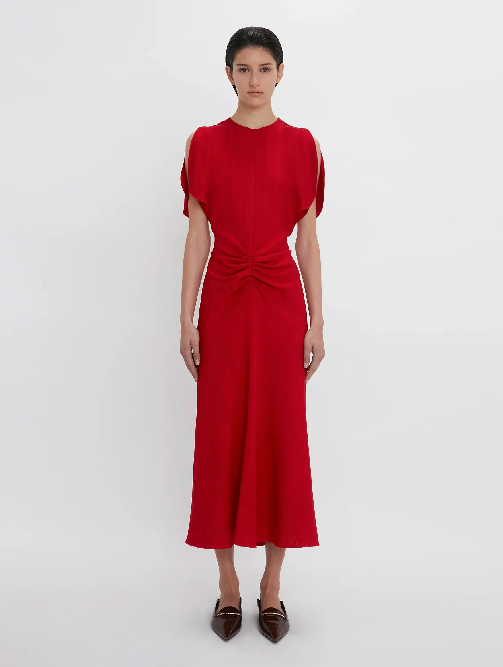 Gathered Waist Midi Dress in Carmine