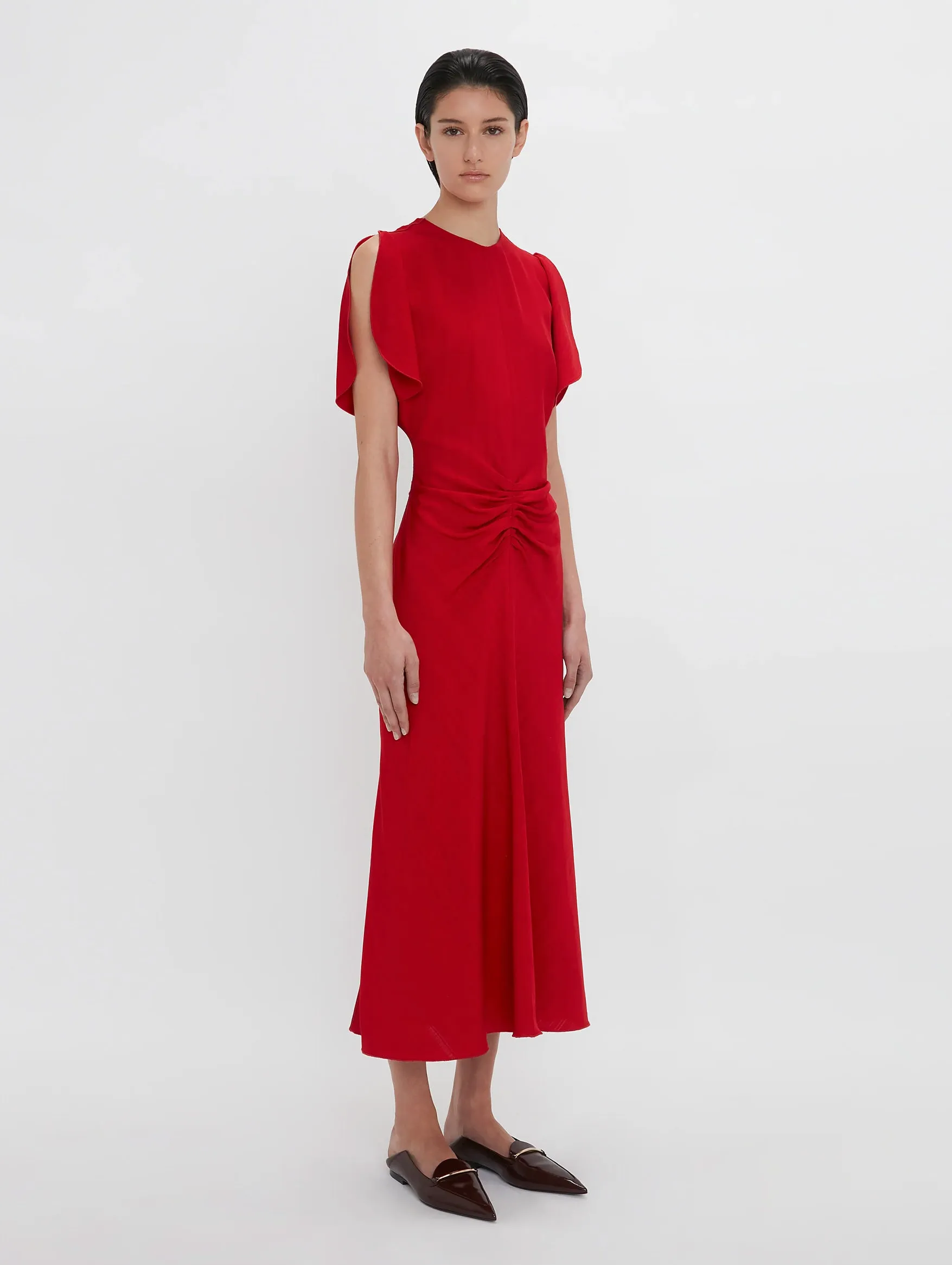 Gathered Waist Midi Dress in Carmine