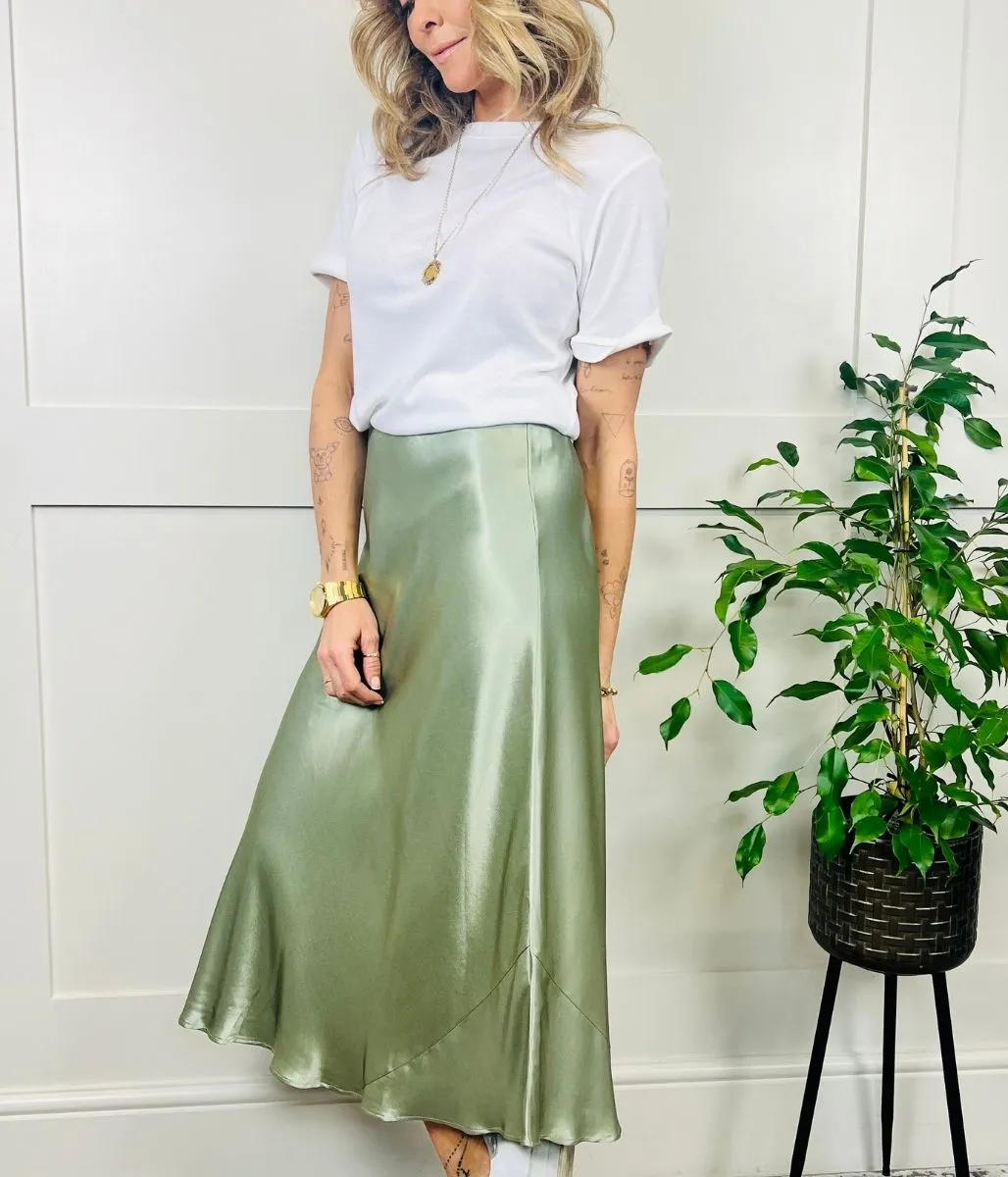 Green Satin Midi Slip Skirt