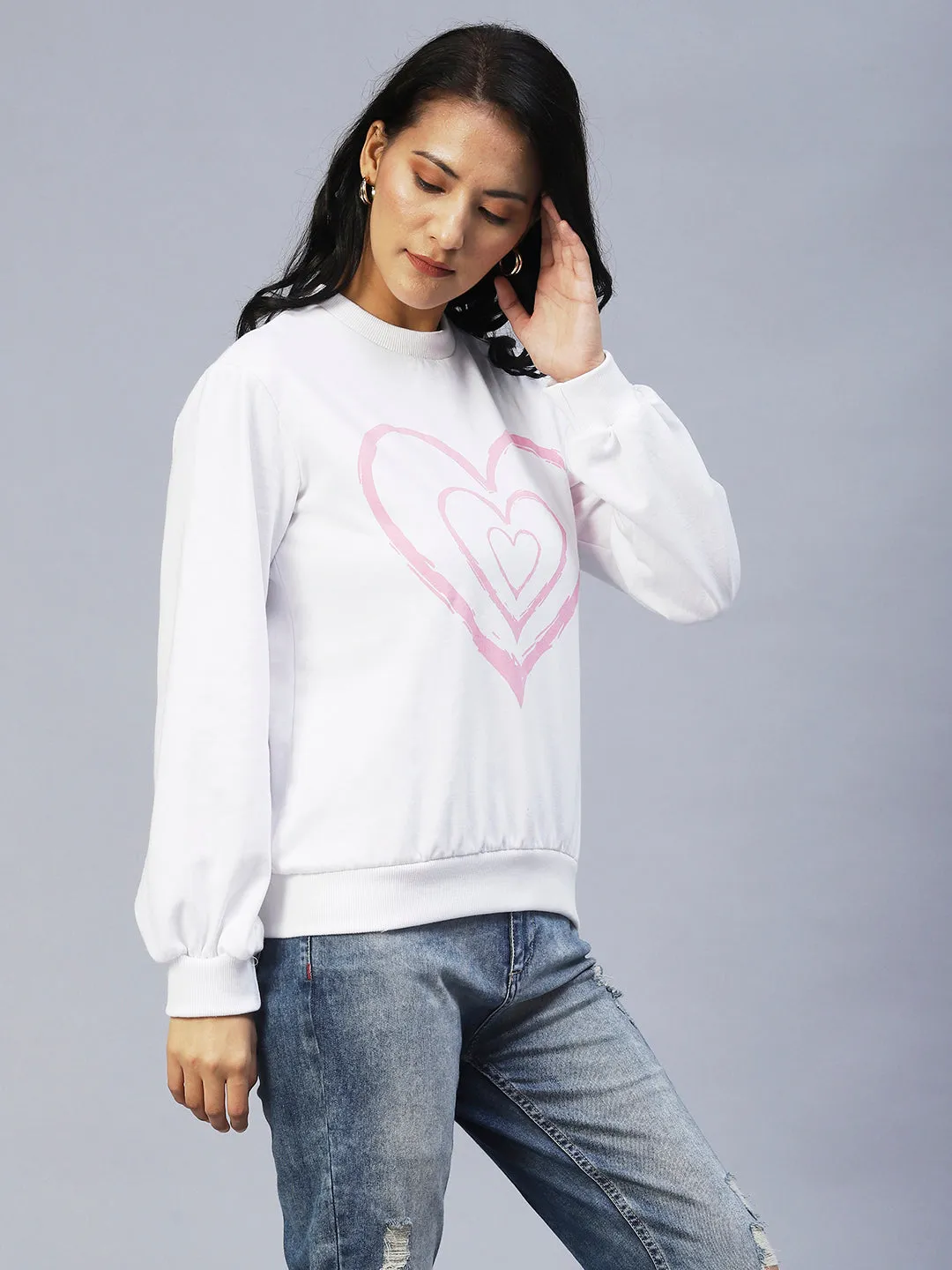 Heart Print Peasant Sleeve Fleece Sweatshirt