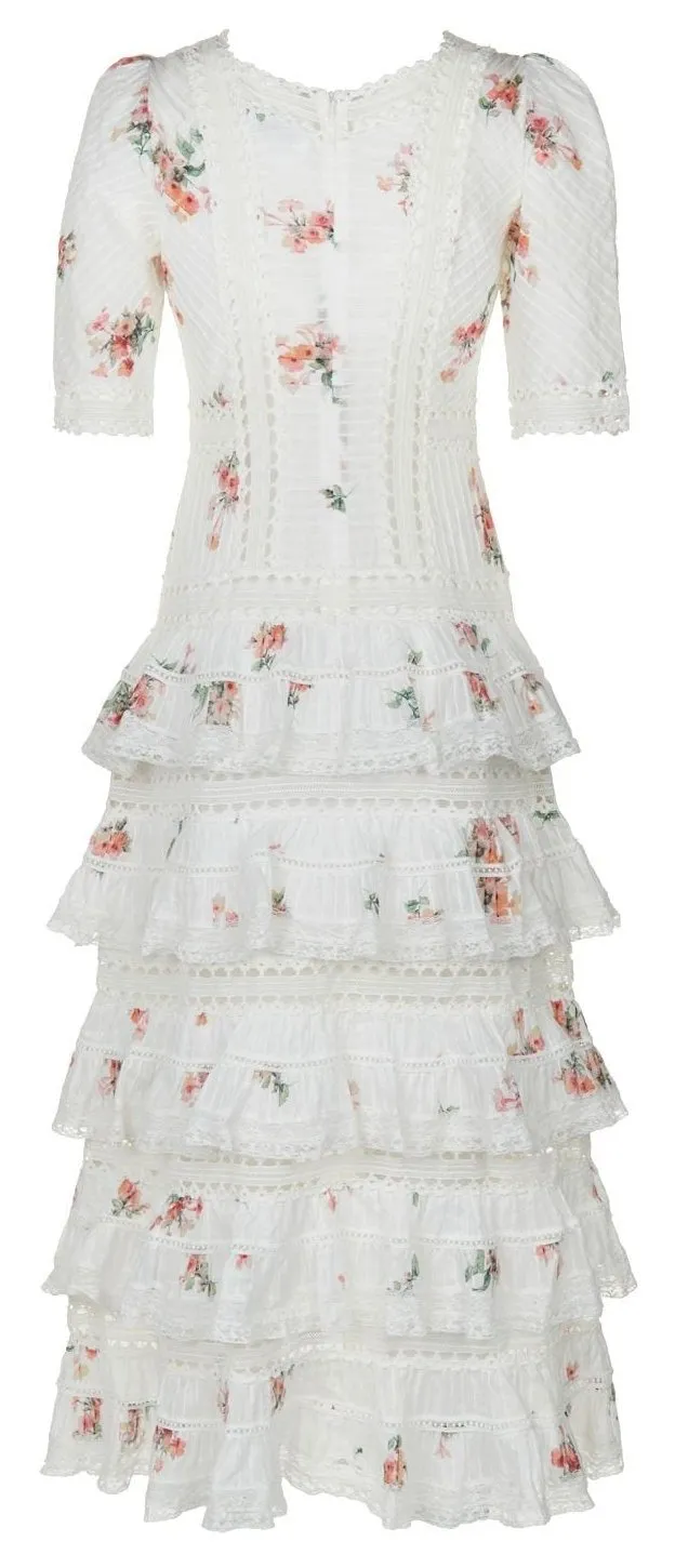 'Heathers' Tiered Ruffle Midi White/Floral Printed Dress