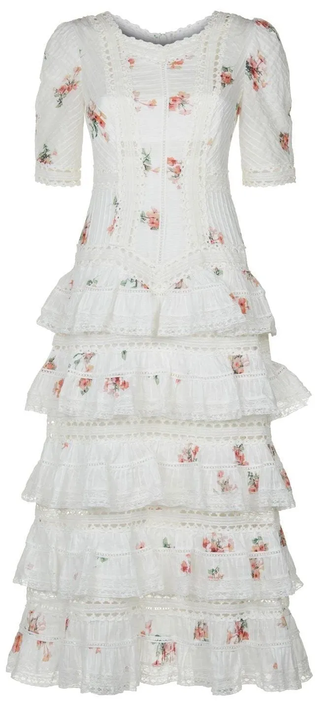 'Heathers' Tiered Ruffle Midi White/Floral Printed Dress