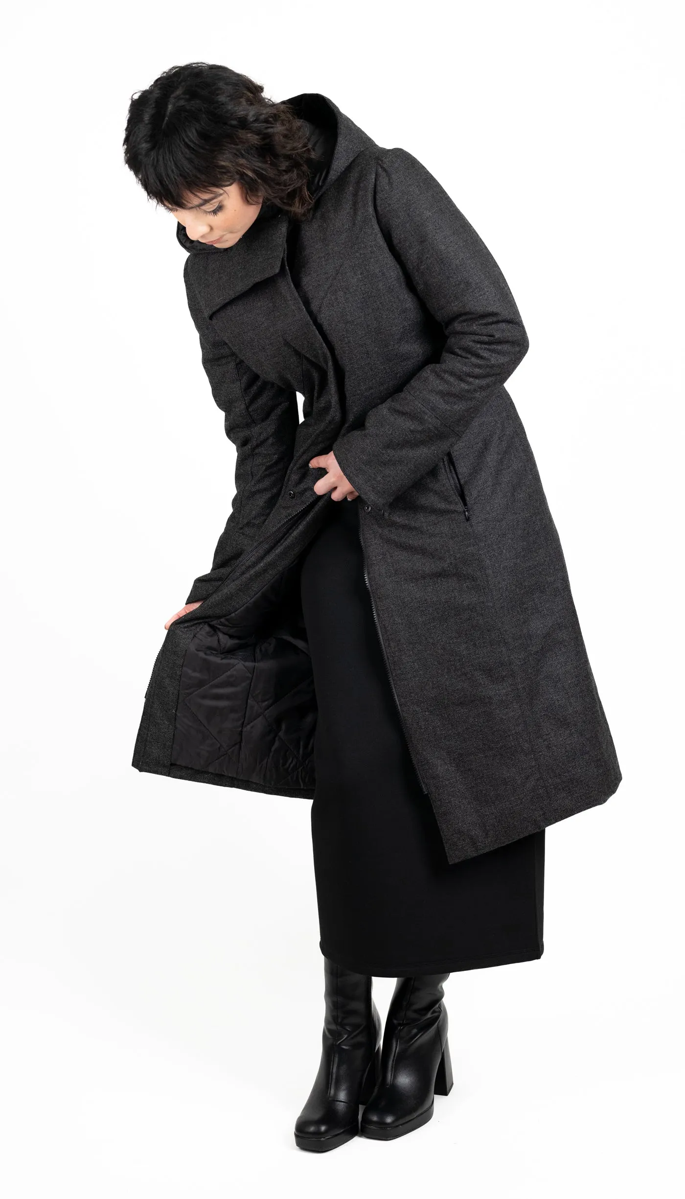 Hooded Mock Neck Zip Maxi Coat w/ Thinsulate Quilted Liner/ Charcoal Canvas Wool Texture