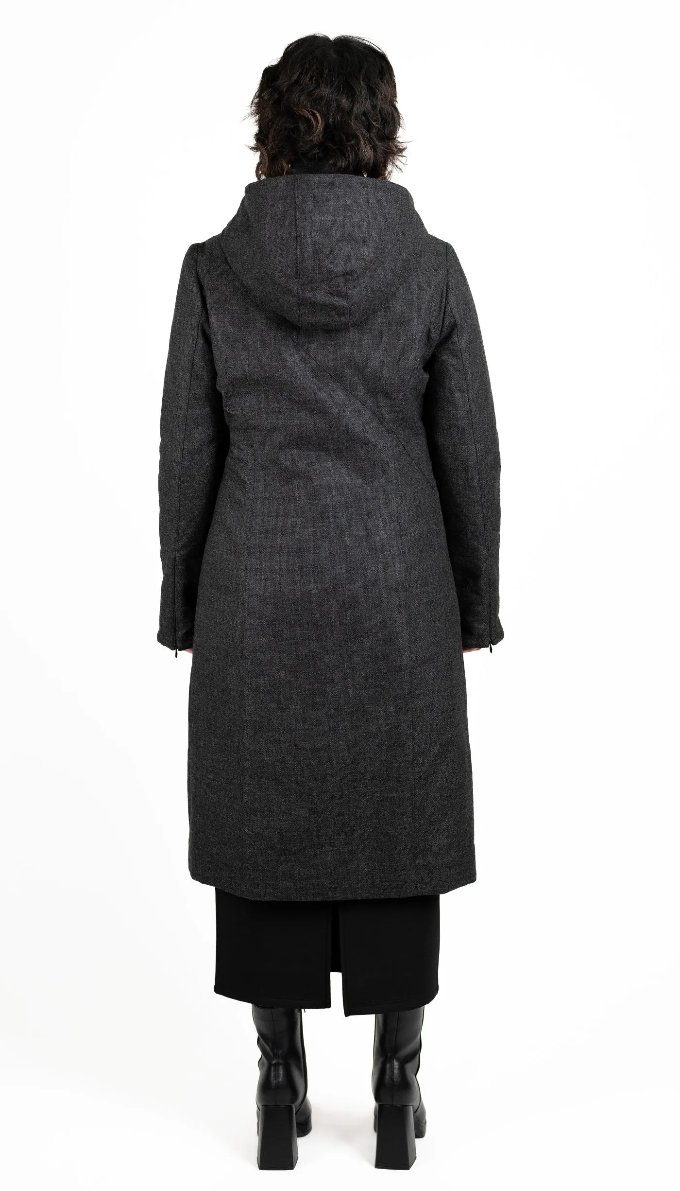 Hooded Mock Neck Zip Maxi Coat w/ Thinsulate Quilted Liner/ Charocal Storm Wool