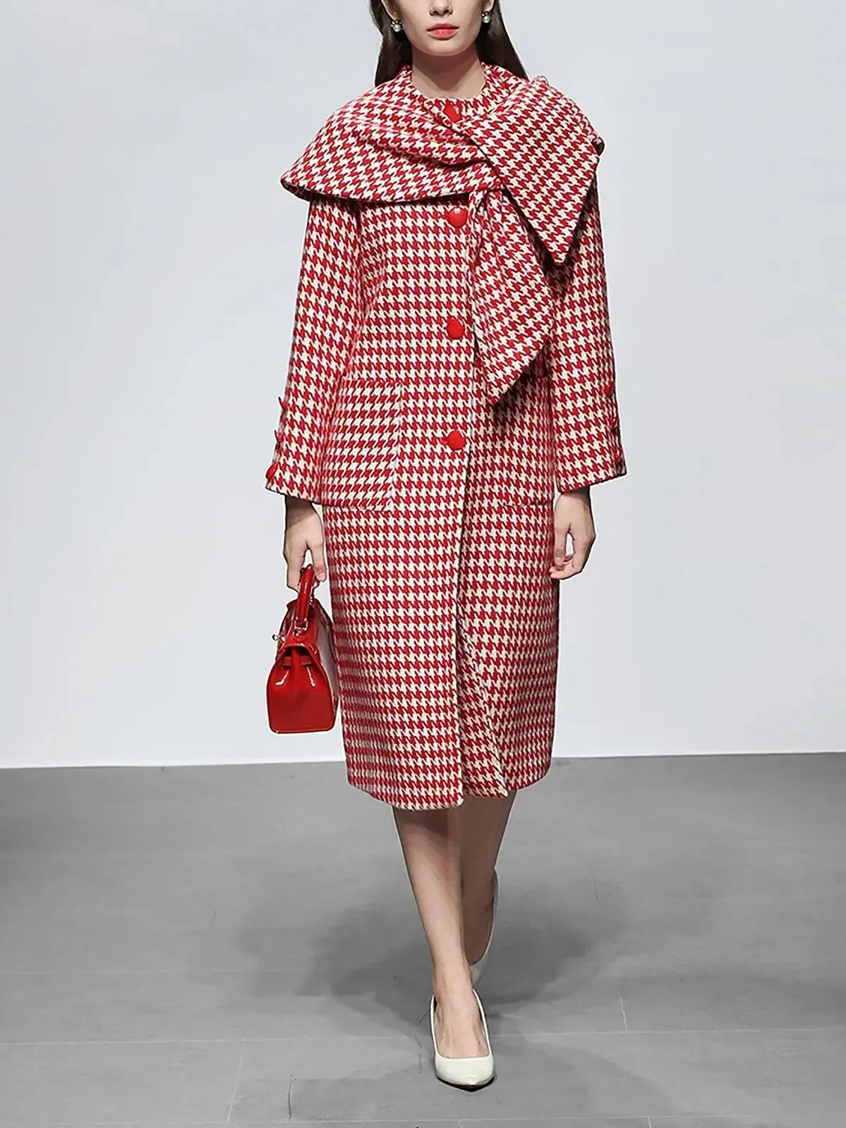 Houndstooth Wool Blend Coat