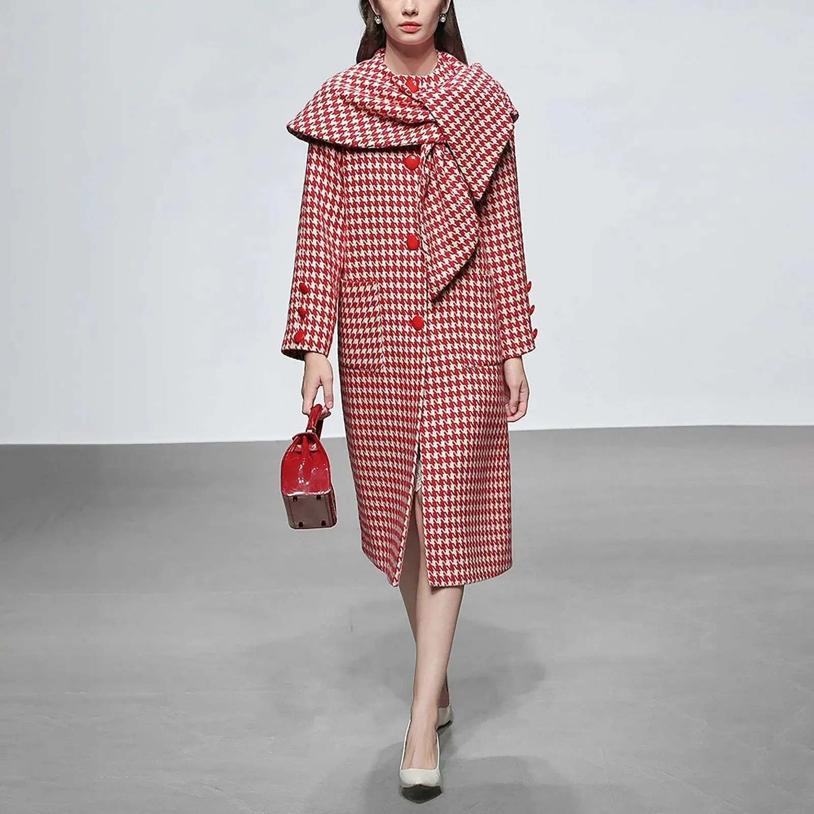 Houndstooth Wool Blend Coat