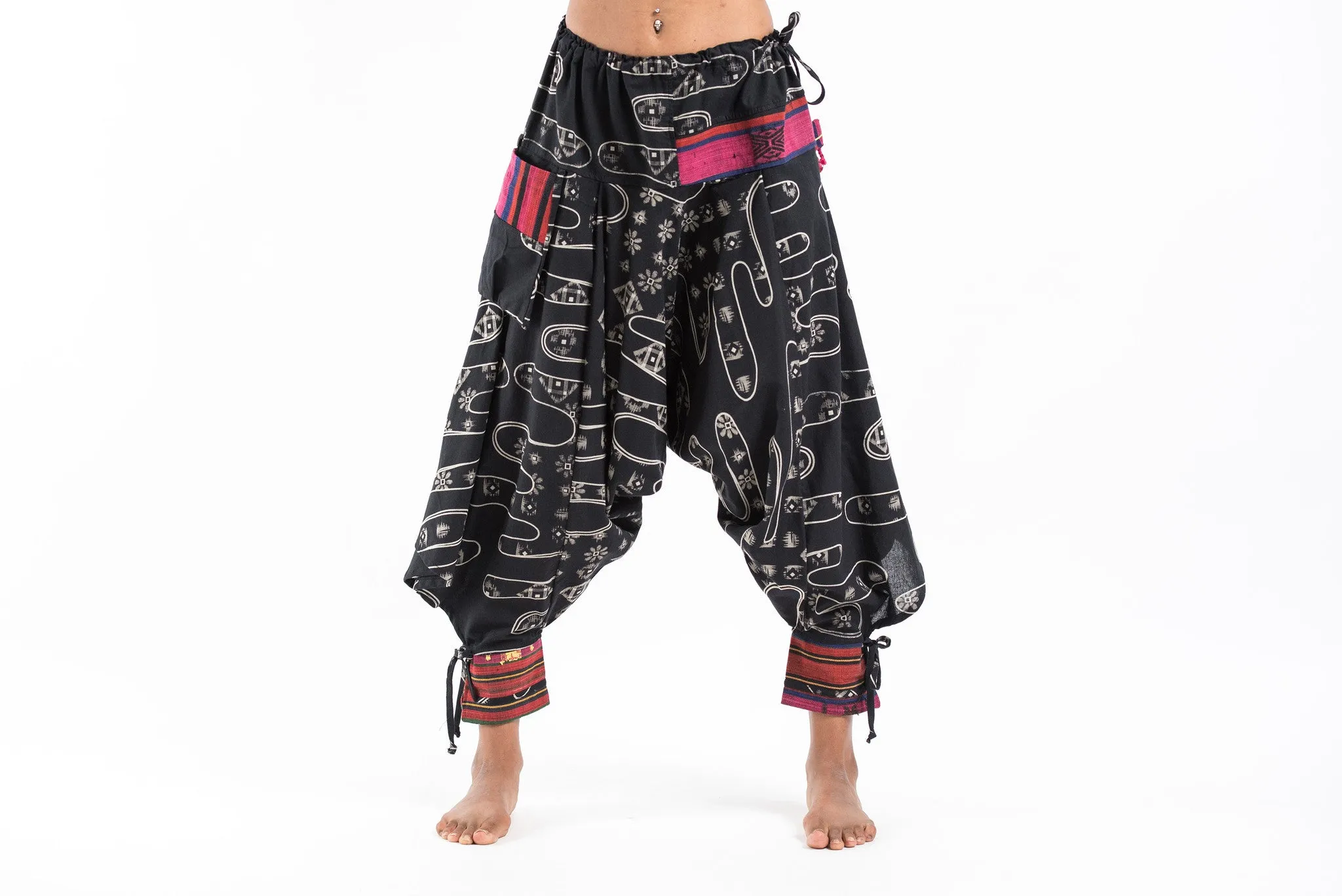 Japanese Print Hill Tribe Drawstring Women's Harem Pants with Ankle Straps