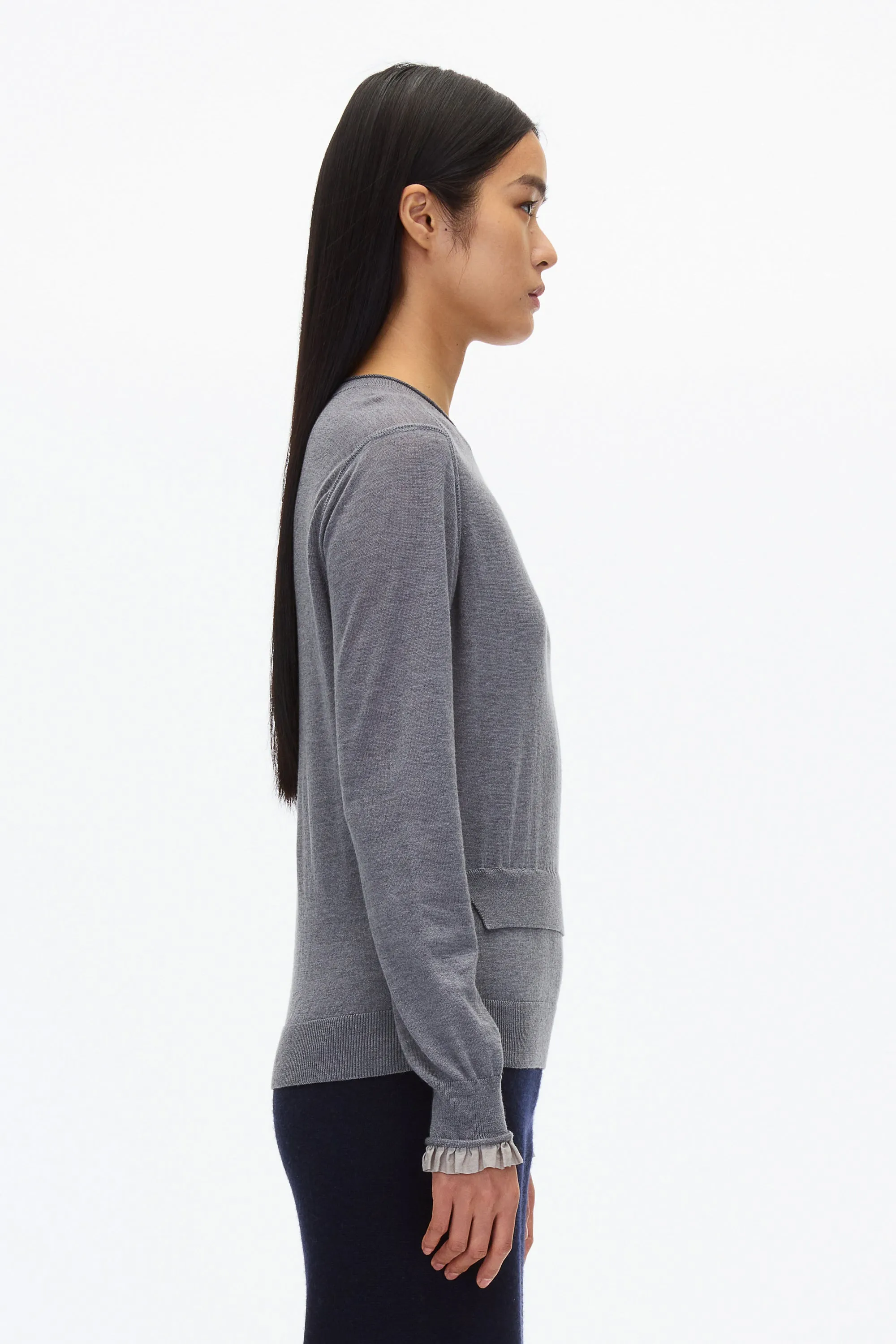 Layered Wool Silk Crew Sweater w Chiffon Cuff