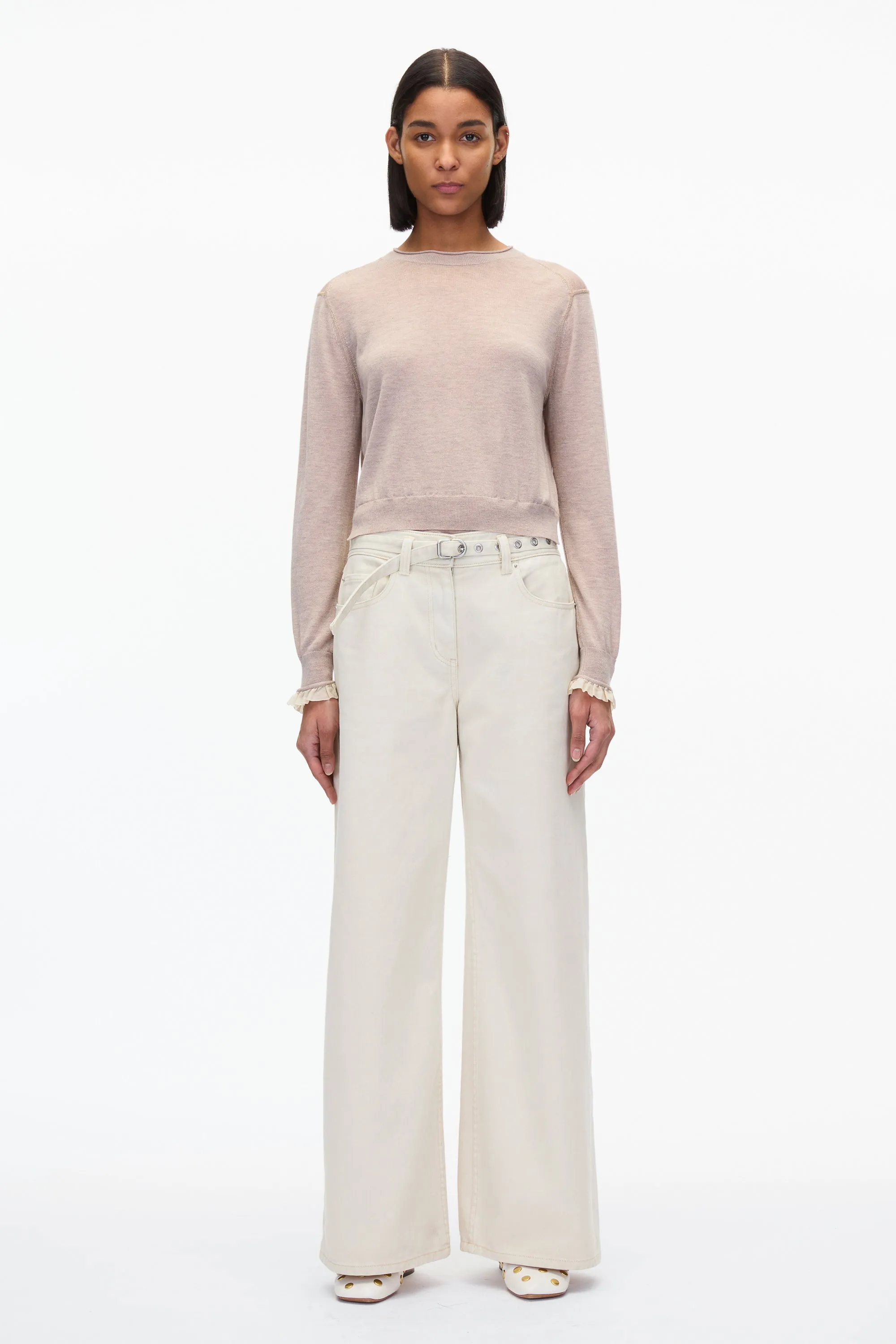 Layered Wool Silk Crew Sweater w Chiffon Cuff