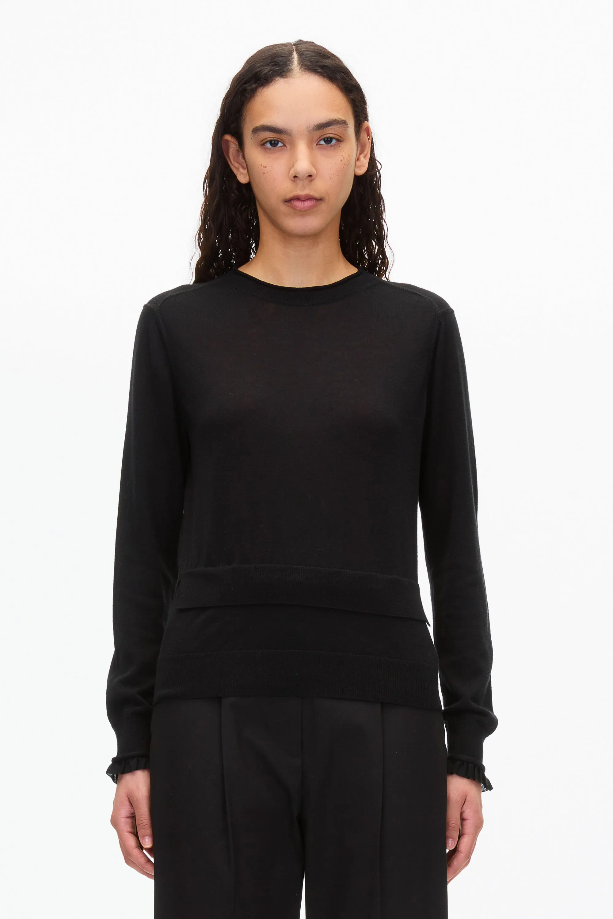 Layered Wool Silk Crew Sweater w Chiffon Cuff