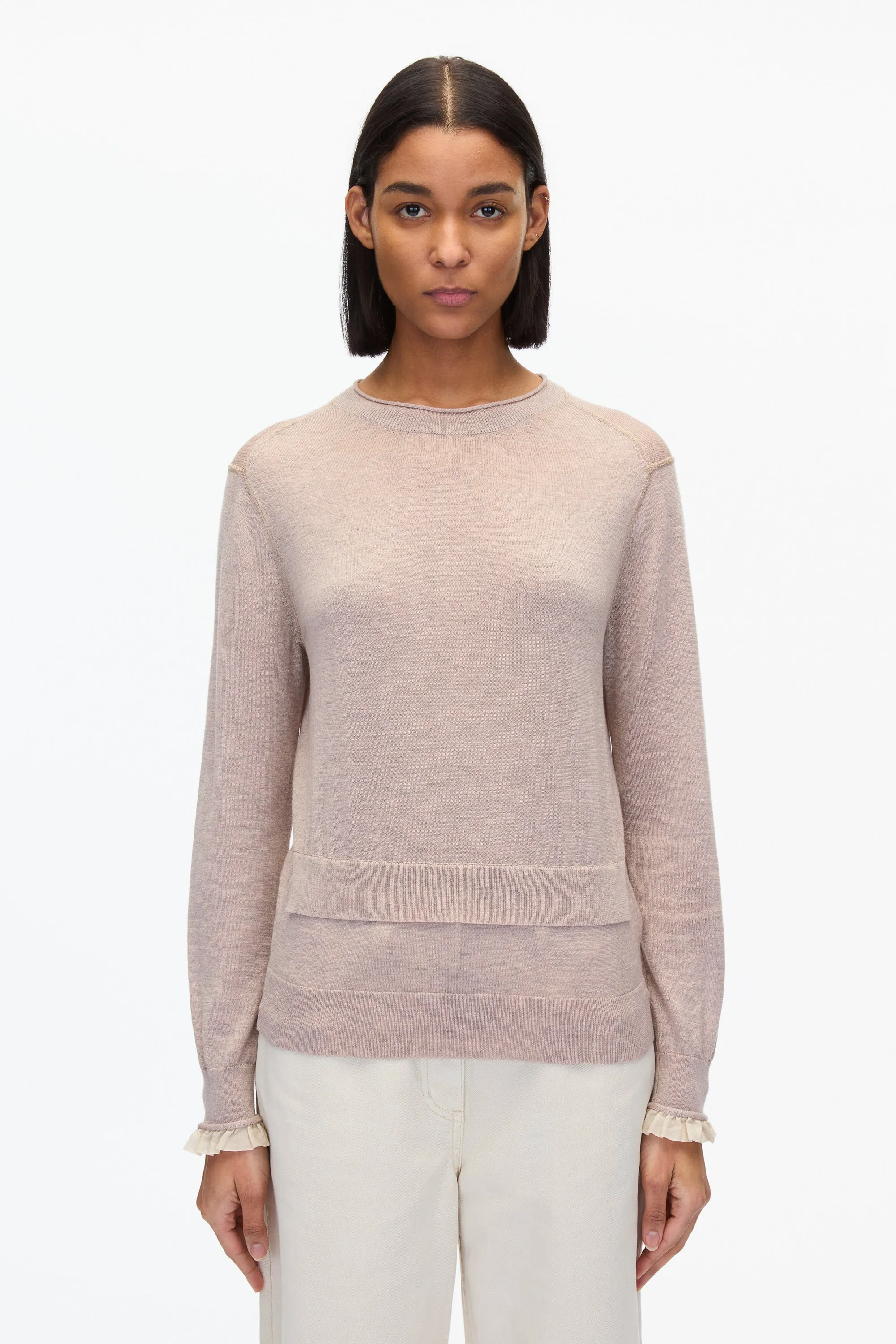 Layered Wool Silk Crew Sweater w Chiffon Cuff