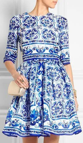 'Majolica' Tile Printed A-Line Silk Dress - Blue & White