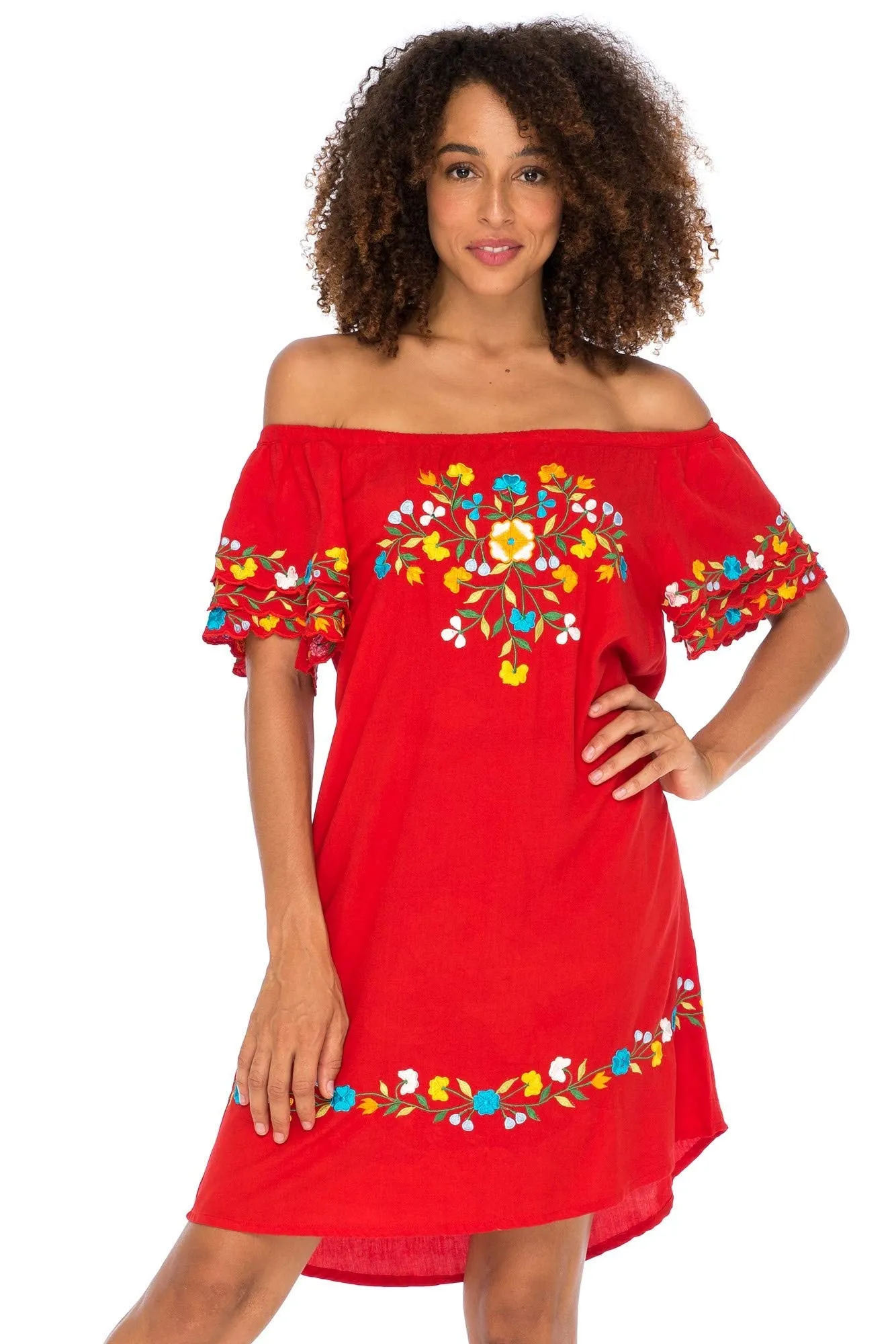 Off Shoulder Short Embroidered Floral Peasant Dress