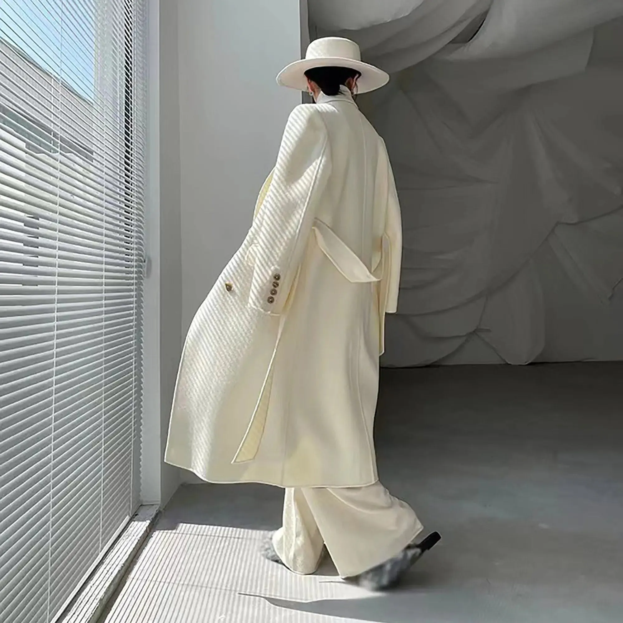 Off White Wool Blend Double Breasted Belted Coat