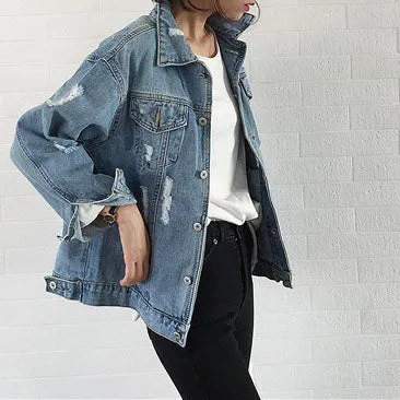 Oversized Light Washed Ripped Denim Jacket Womens