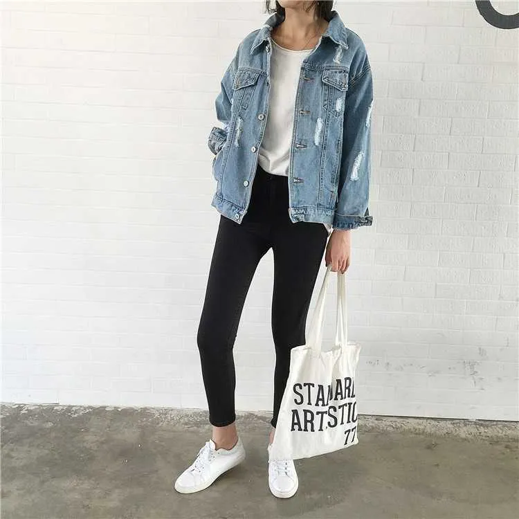 Oversized Light Washed Ripped Denim Jacket Womens